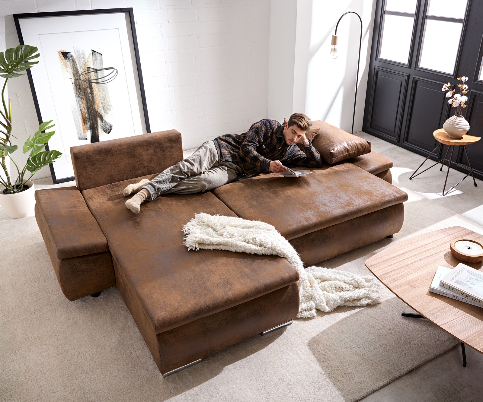 Couch Abilene Braun 260x175 mit Bettfunktion Ottomane variabel Ecksofa