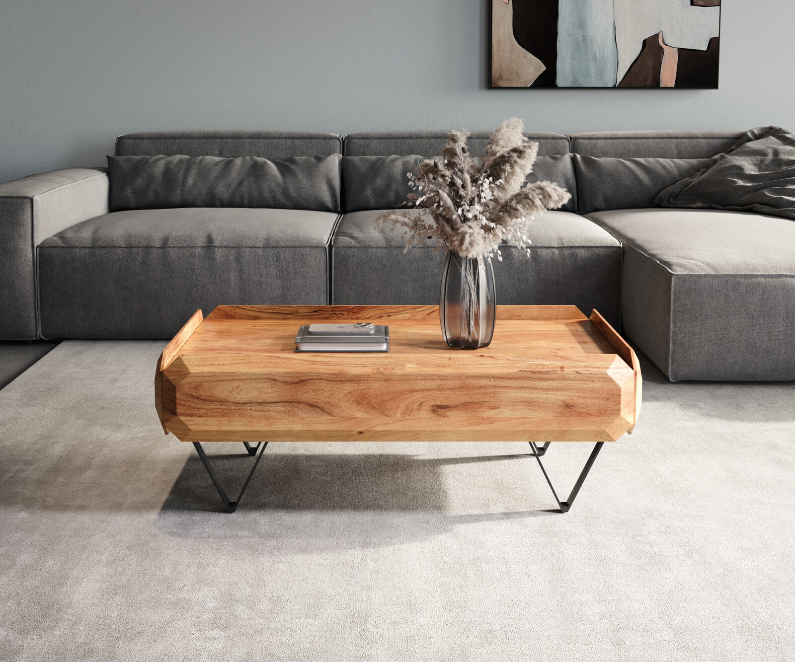 Table-basse Kiano 100x50 cm acacia naturel 2 tiroirs pied en V noir 1