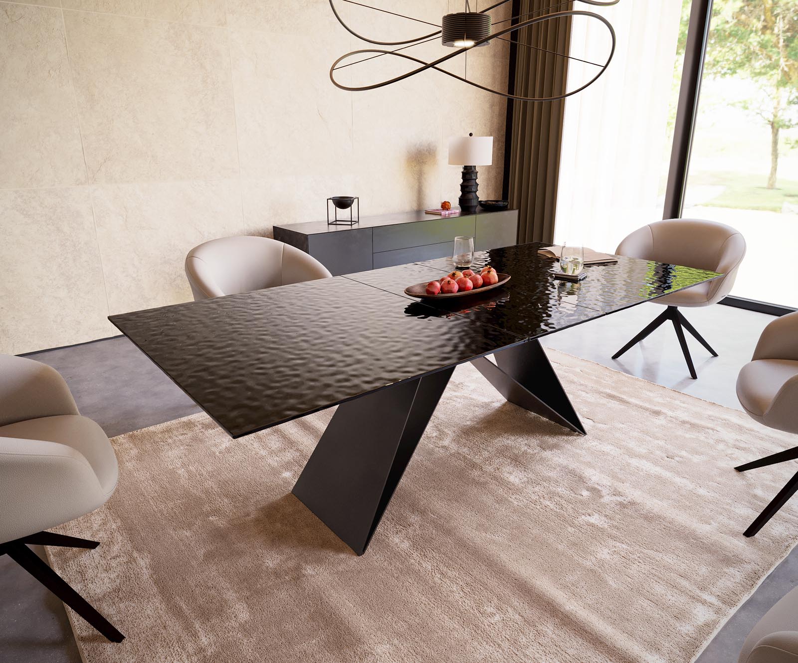 Esstisch Edge 180-220x100 Reliefglas Rauchschwarz 3D-Design V-Gestell Flachstahl Schwarz ausziehbar Esstisch Edge 180-220x100 Reliefglas Rauchschwarz 3D-Design V-Gestell Flachstahl Schwarz ausziehbar