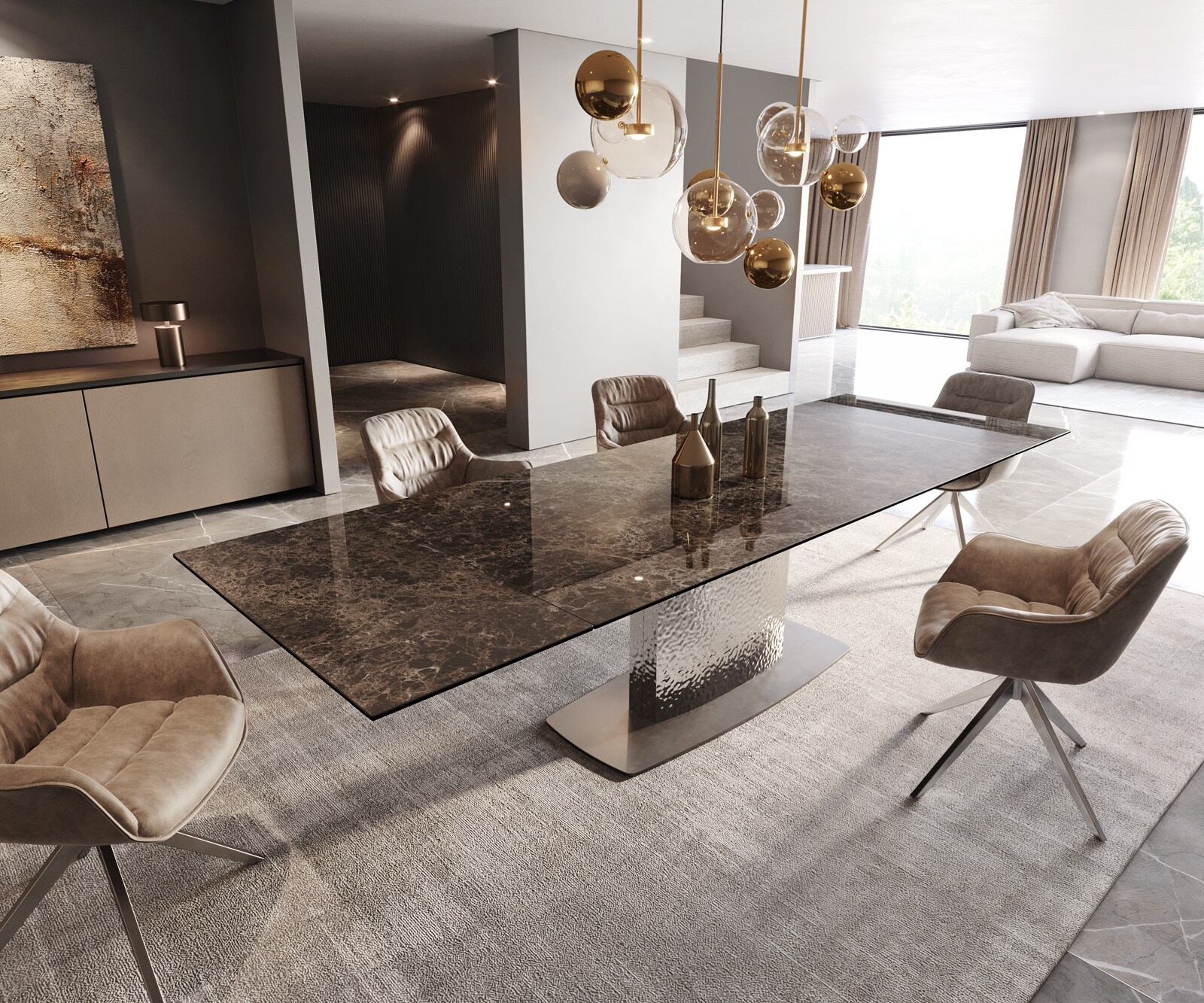 Esstisch Edge 200-300x100 Keramik Emperador Extra Lucidato Dunkelbraun Wave Edelstahl ausziehbar 1