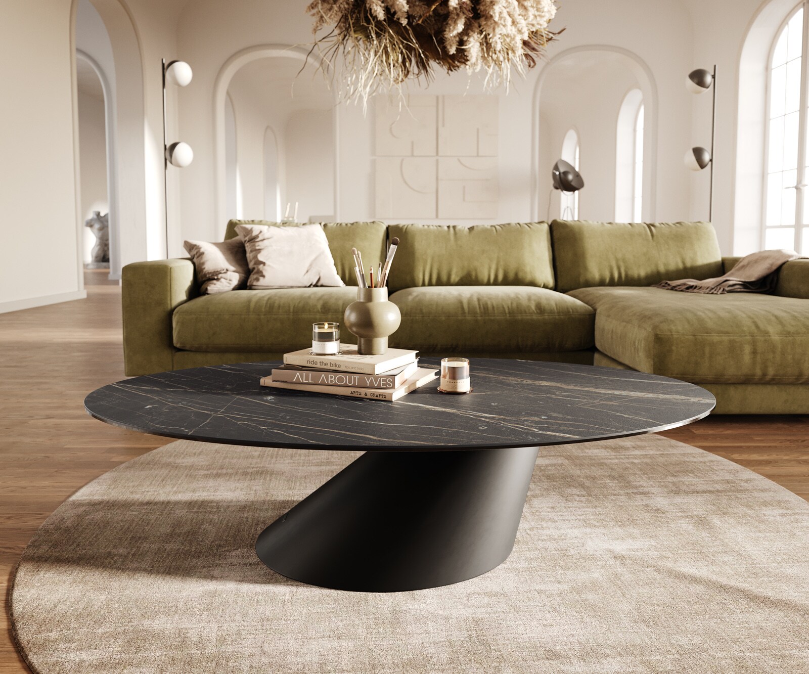 Table basse Edge Oval 140x80 cm céramique Laminam® Noir Desir brun Conis métal noir 2