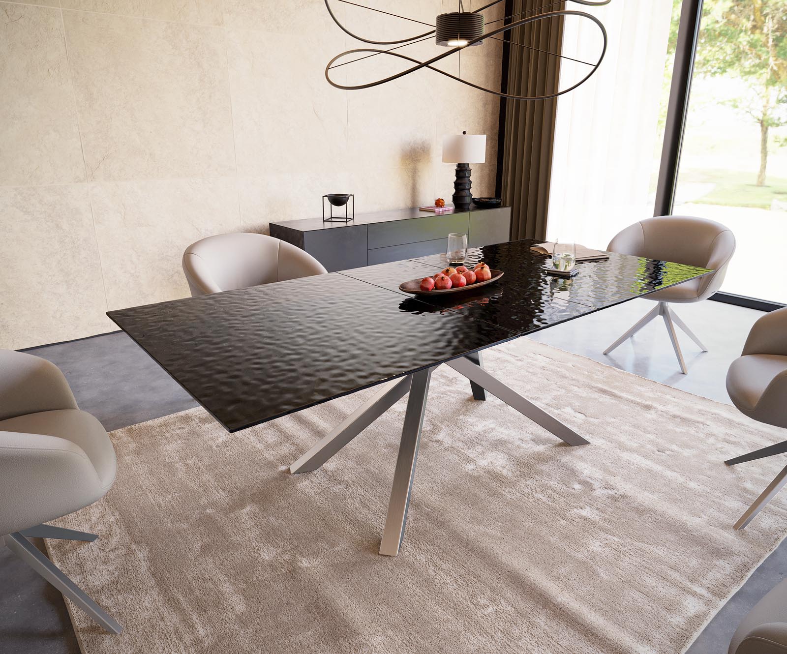 Esstisch Edge 180-220x100 Reliefglas Rauchschwarz 3D-Design Kreuzgestell Rechteck Edelstahl ausziehbar Esstisch Edge 180-220x100 Reliefglas Rauchschwarz 3D-Design Kreuzgestell Rechteck Edelstahl ausziehbar