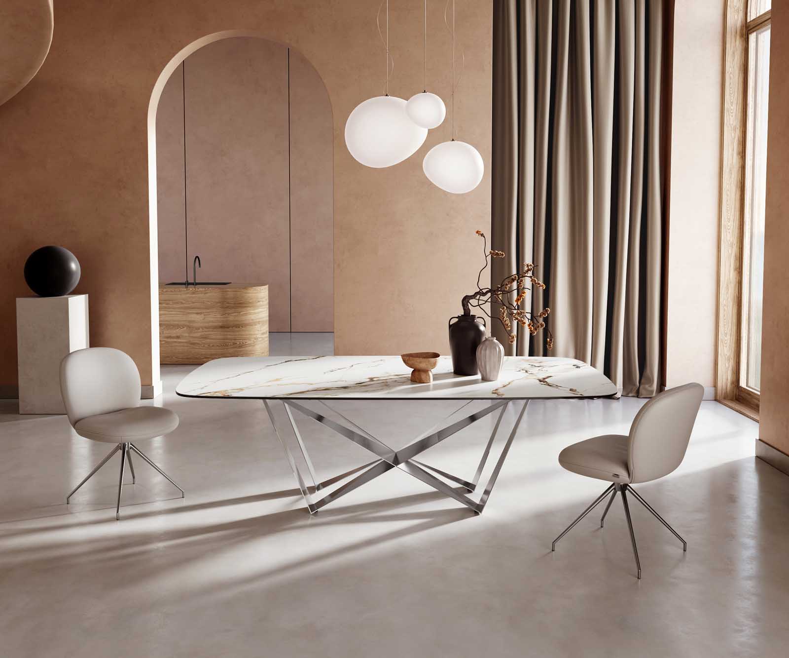 Esstisch Edge Boot 240x120 Keramik Calacatta Luxe Weiß-Gold-Grau Spider Flachstahl Edelstahl Esstisch Edge Boot 240x120 Keramik Calacatta Luxe Weiß-Gold-Grau Spider Flachstahl Edelstahl