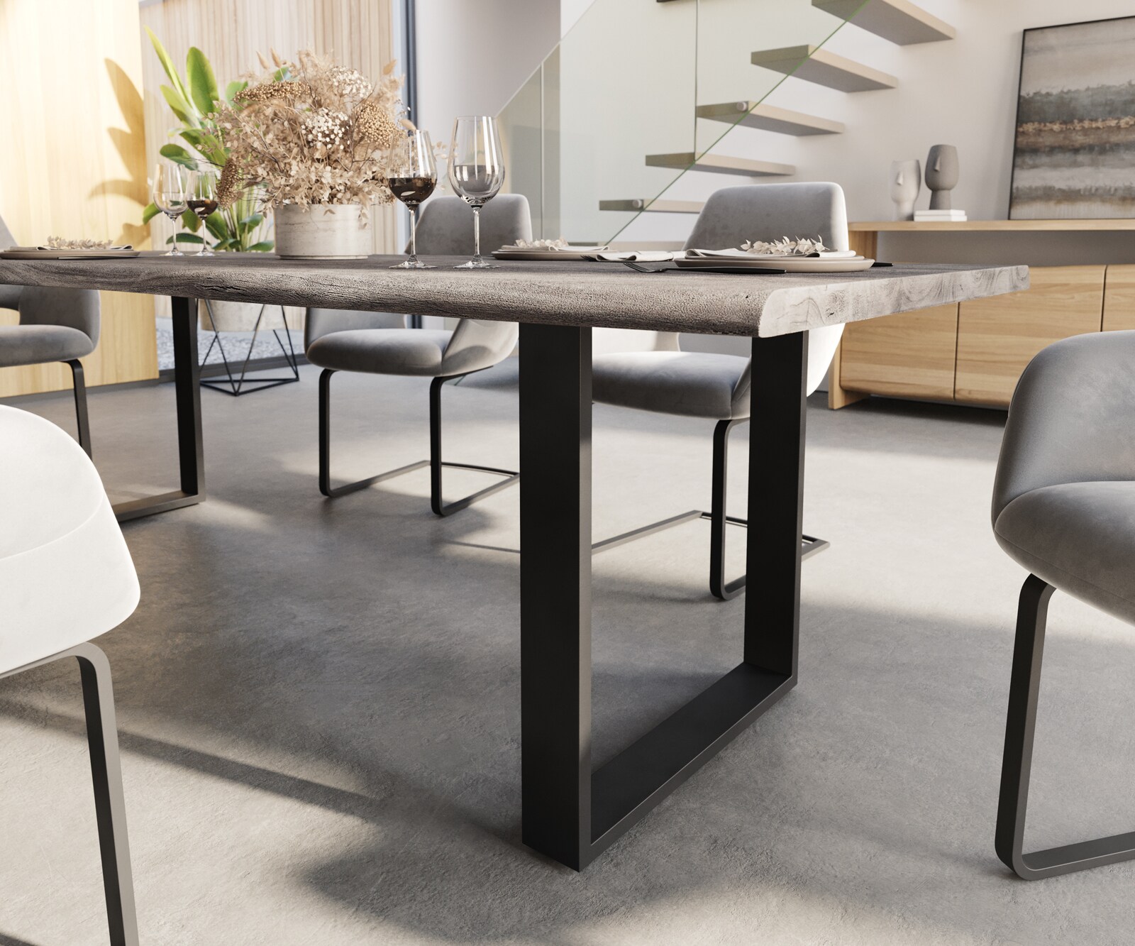 Esstisch Edge 260x100 Akazie Platin Metall Schmal schwarz Live-Edge 4