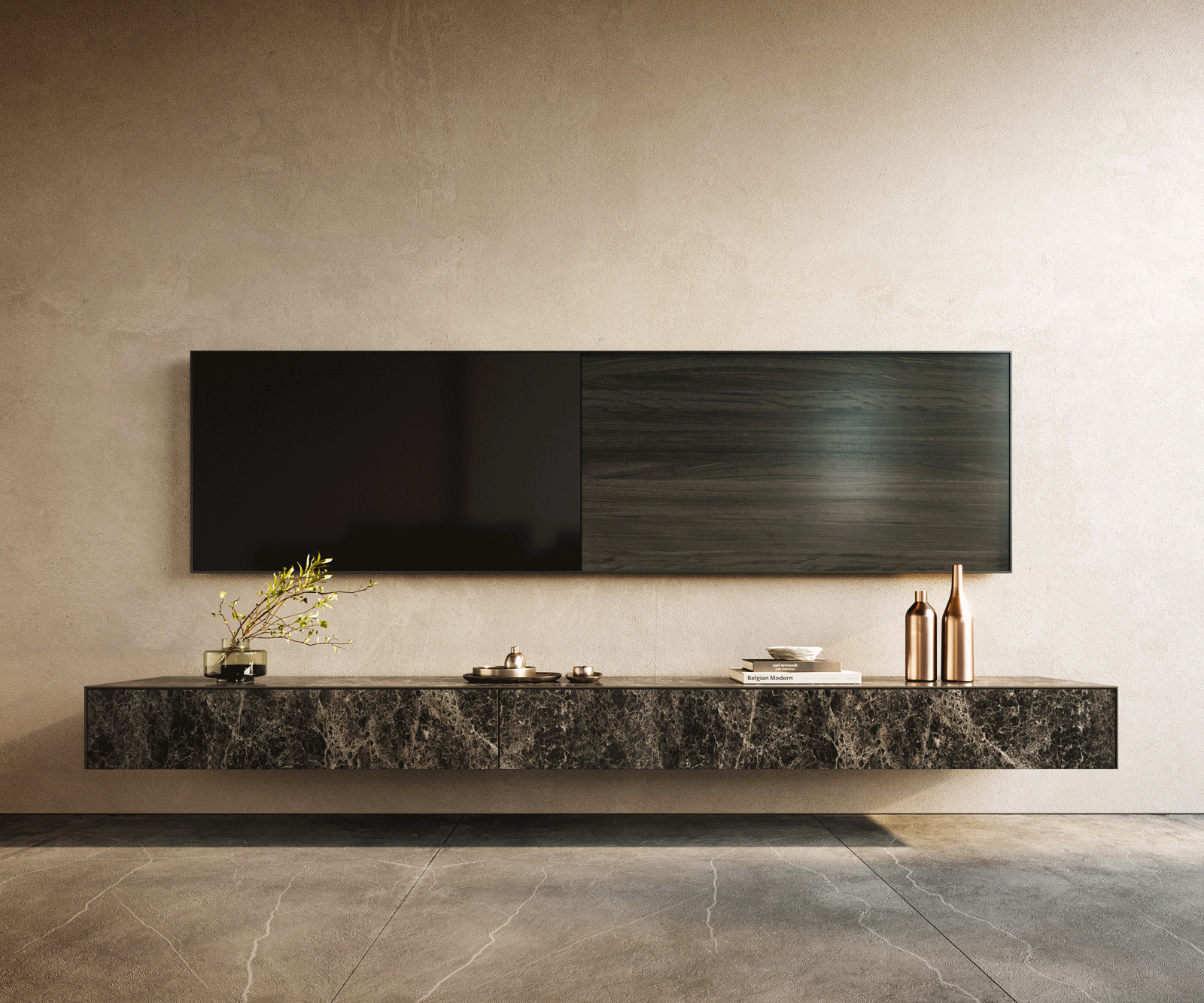 Lowboard Cuor 250 cm Keramik Laminam® Emperador Extra Lucidato Dunkelbraun 1 Klappe 1 Schubfach Schwebend 1