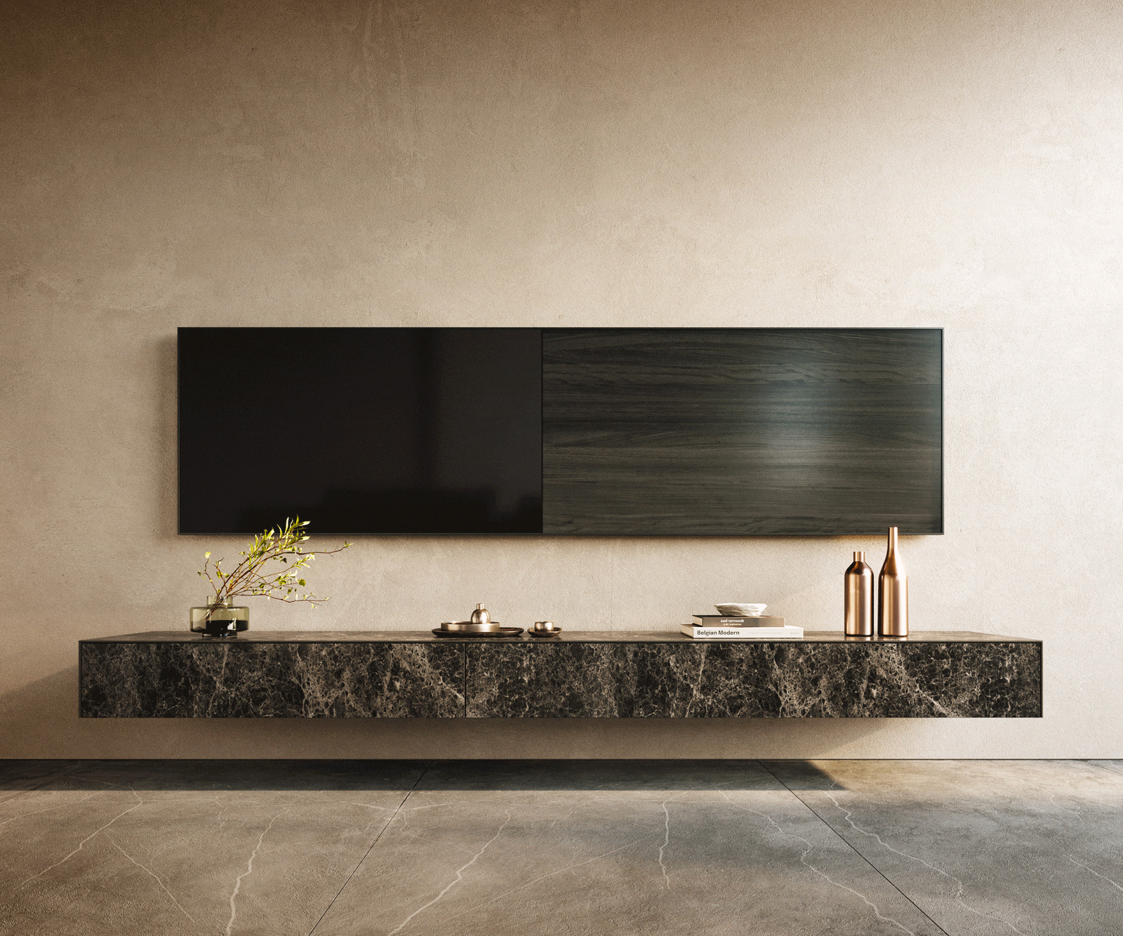 Meuble-TV Cuor 250 cm Céramique Laminam® Emperador Extra Lucidato brun foncé 1 Clapet 1 Tiroir Flottant 2