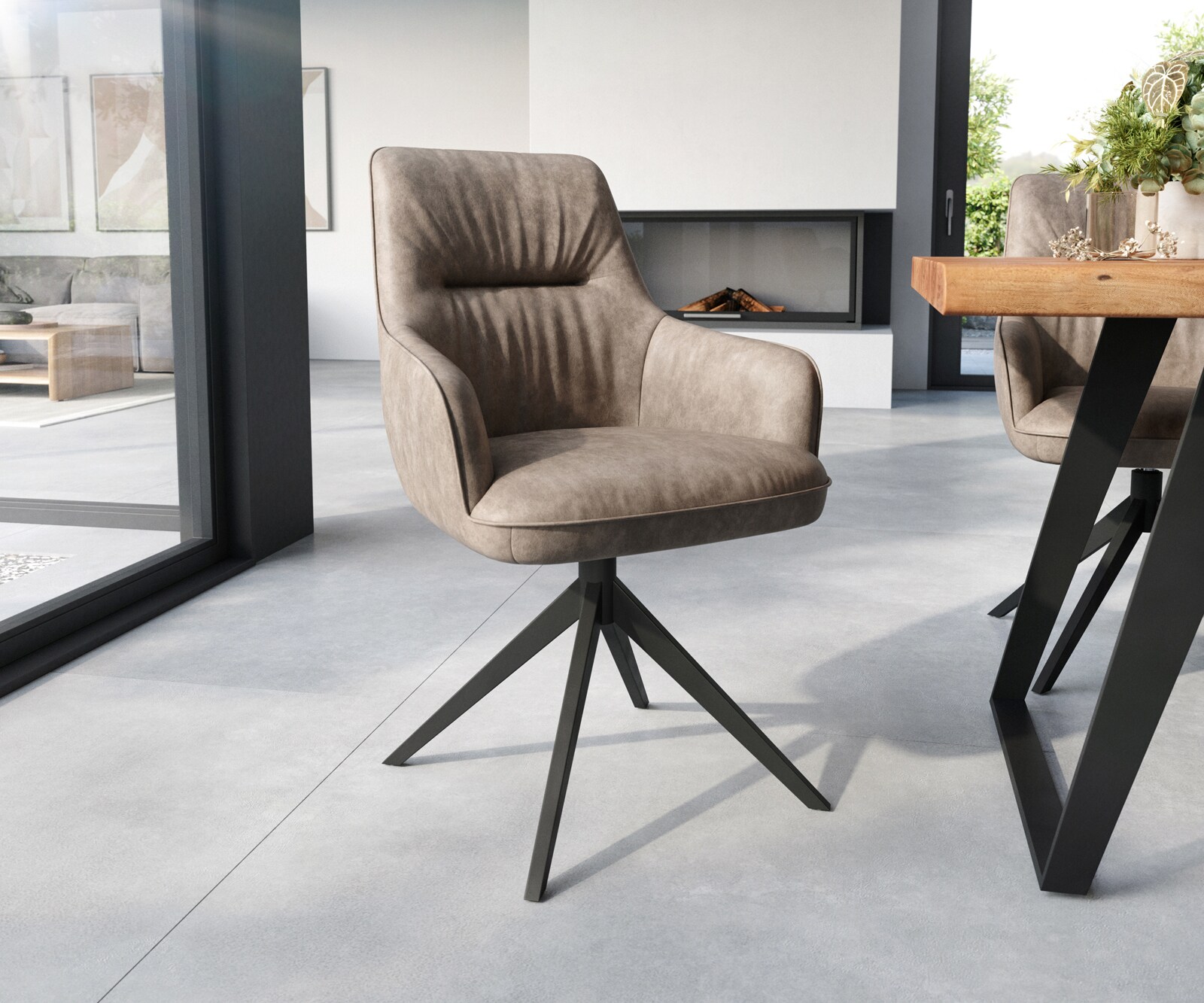Chaise-de-salle-à-manger Zelia-Flex avec accoudoirs microvelours taupe vintage pied croisé large noir ressorts ensachés 1
