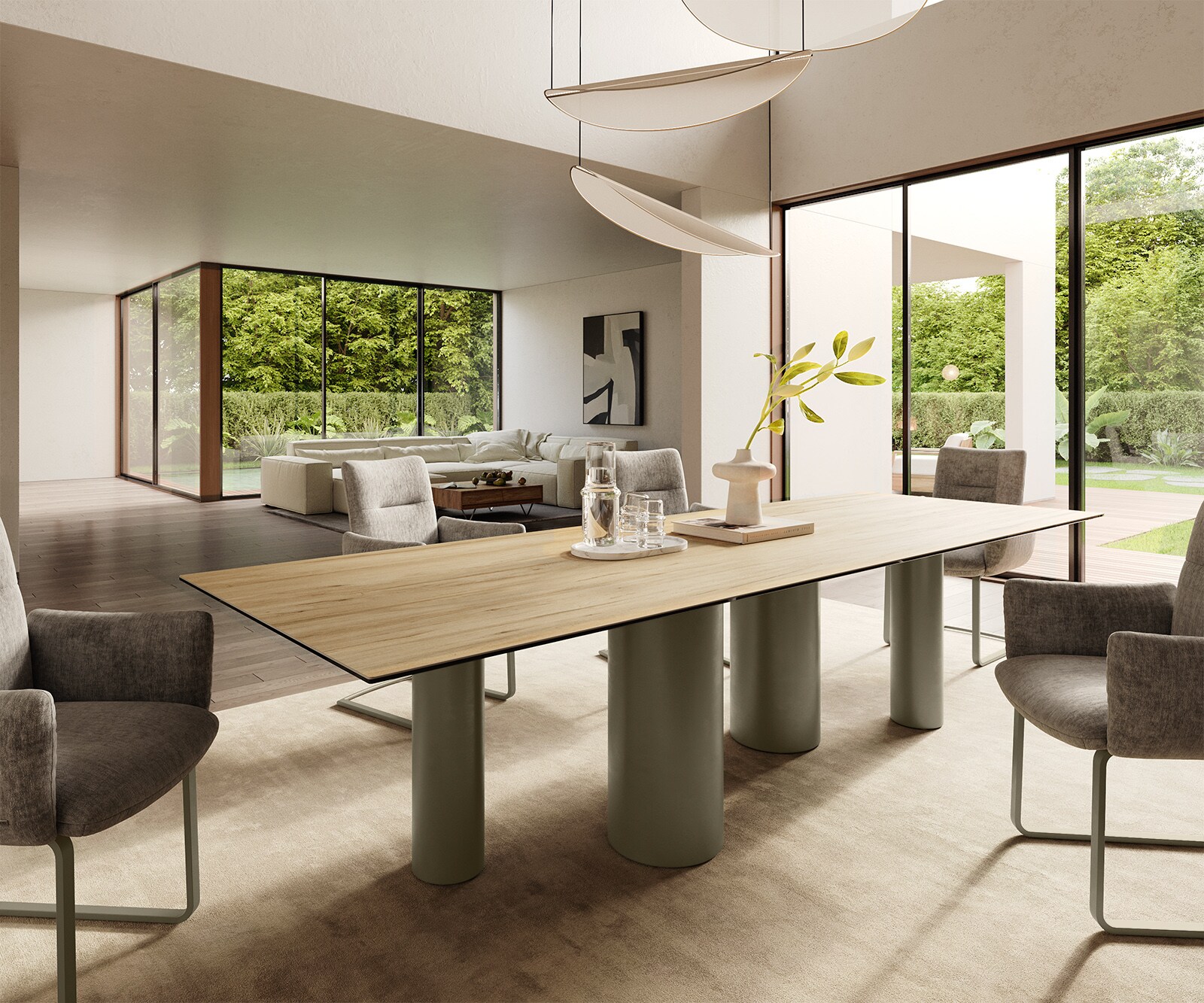 Table à manger Edge 300x100 Céramique Laminam® Sabbia Couleur chêne Pilier Métal finition à effet Titane