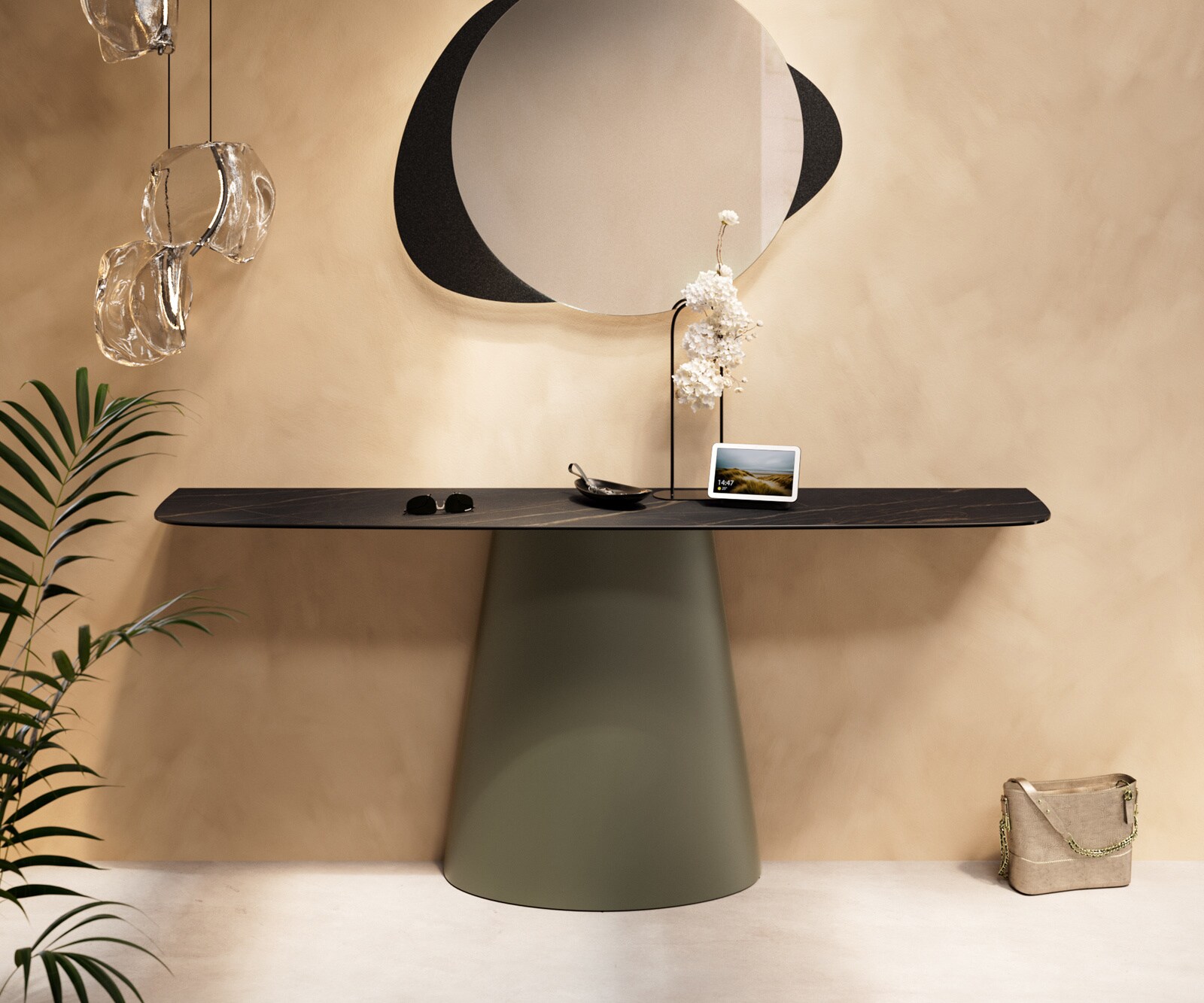 Console Edge forme bateau 180x40 cm Céramique Laminam® Noir Desir Braun Conos Métal Effektfinish Titan 1