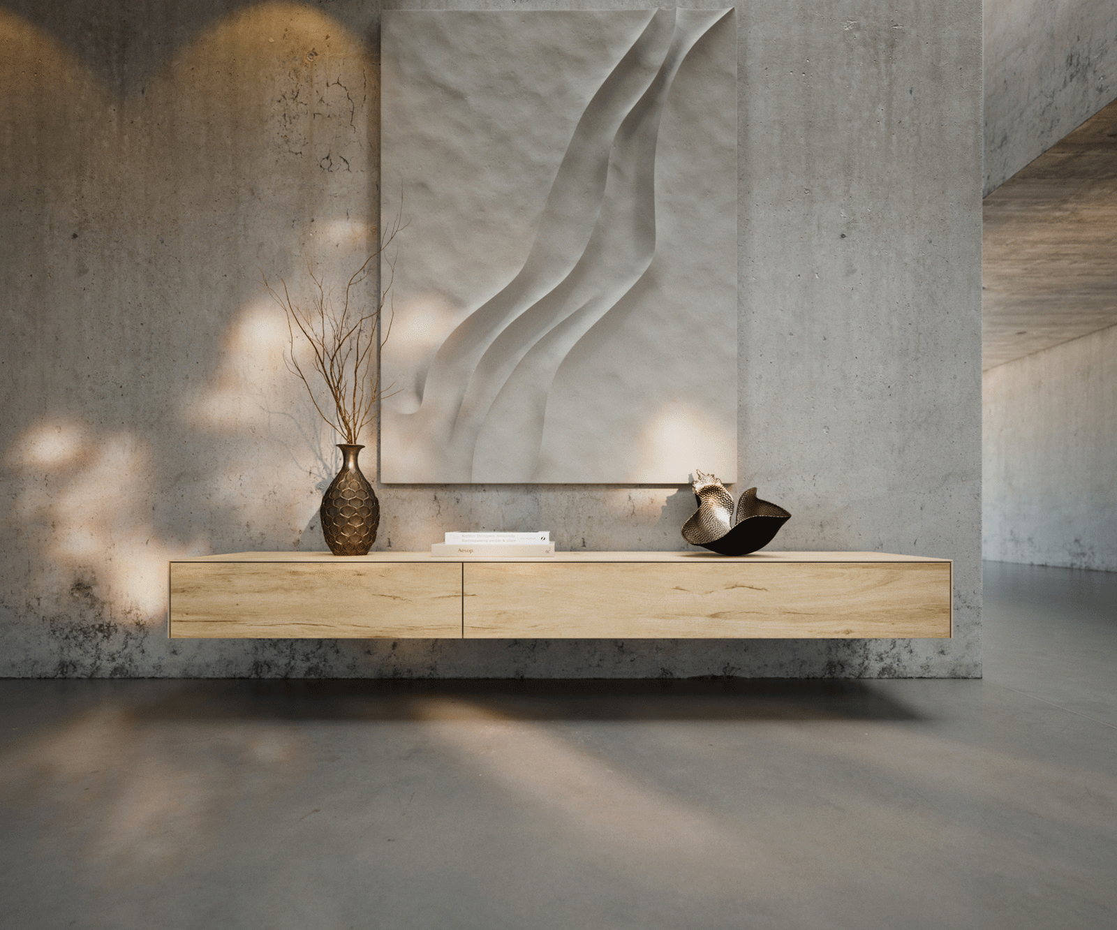 Lowboard Cuor 200 cm Keramik Laminam® Sabbia Eichefarbig 1 Klappe 1 Schubfach Schwebend 1