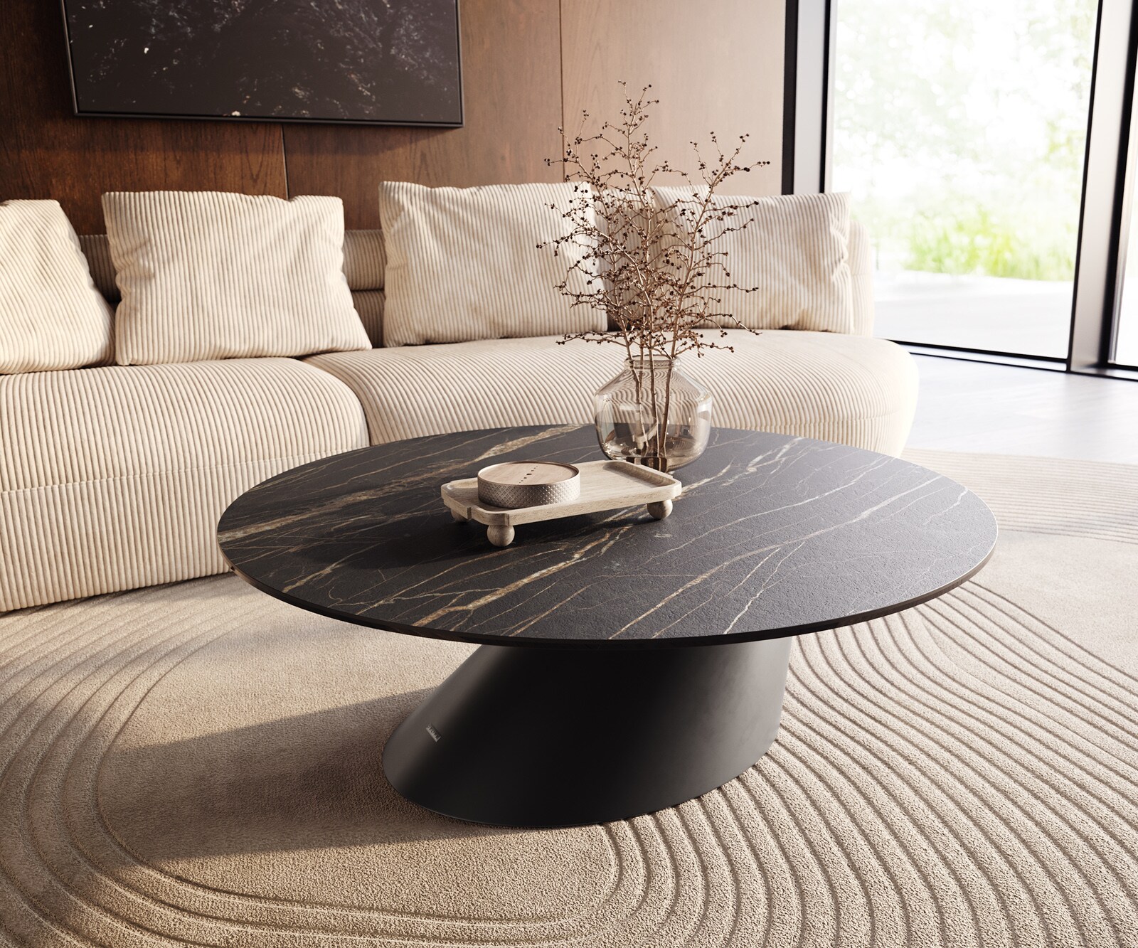 Table basse Edge rond 100x100 cm céramique Laminam® Noir Desir brun Conis métal noir