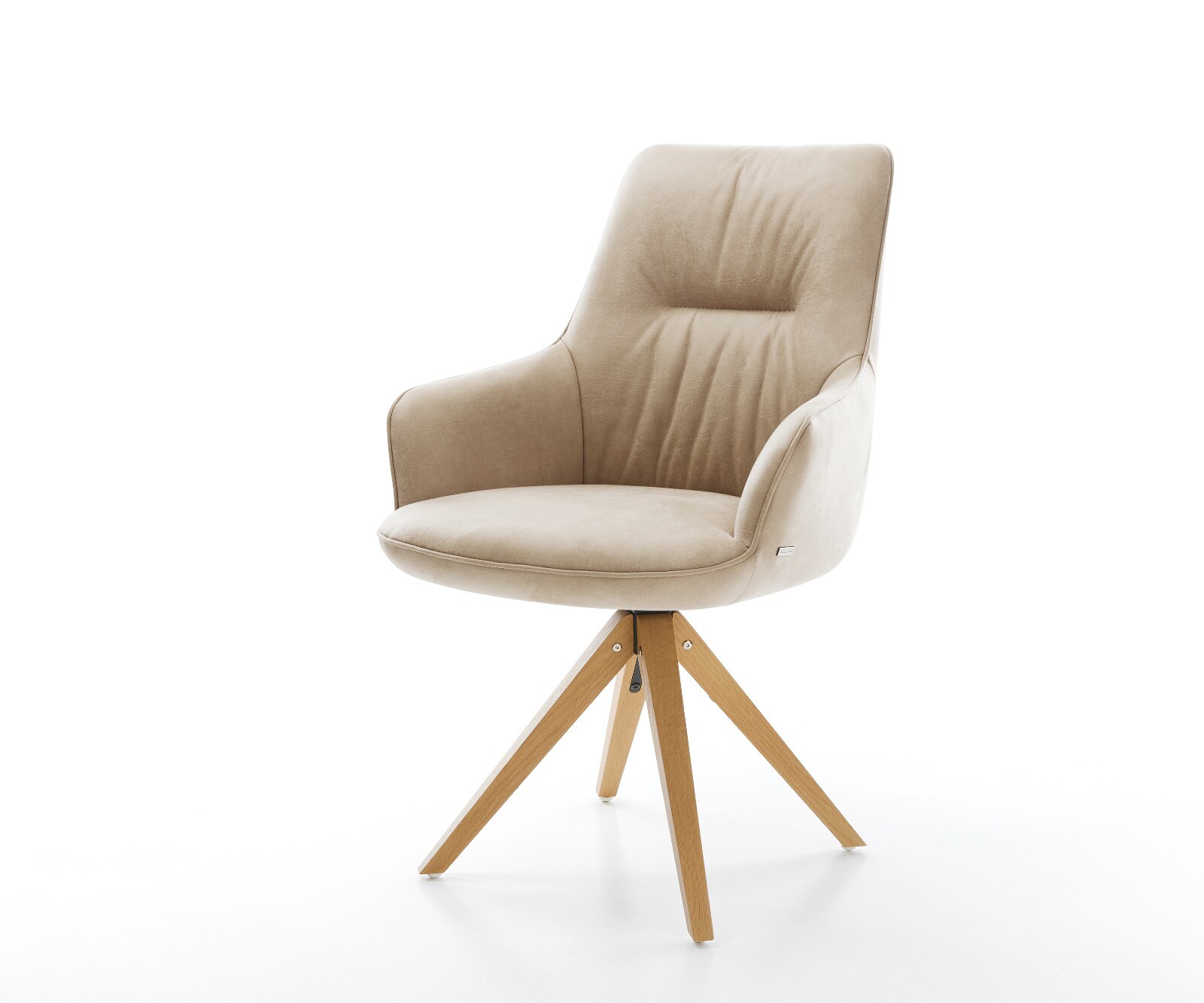 Chaise-pivotante Zelia-Flex avec accoudoirs microfibre beige vintage pied en bois angulaire naturel pivotement sur 180° ressorts ensachés