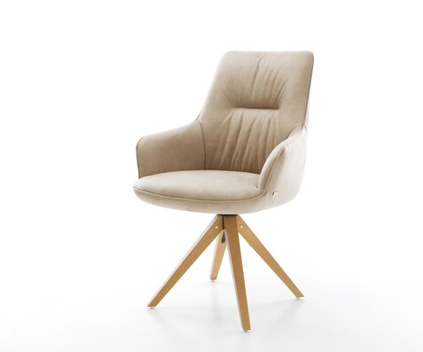 Chaise-pivotante Zelia-Flex avec accoudoirs microfibre beige vintage pied en bois angulaire naturel pivotement sur 180° ressorts ensachés