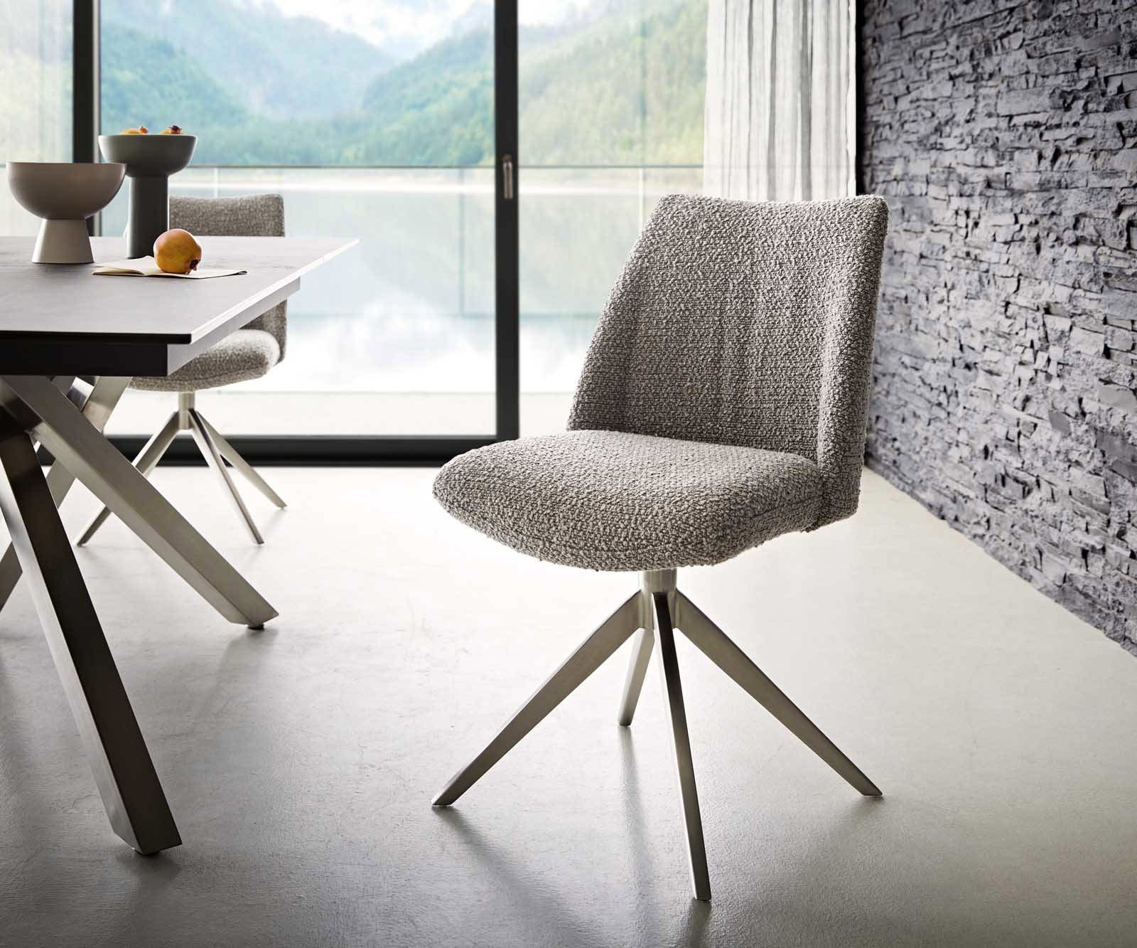 Drehstuhl Elso-Flex Bouclé Silbergrau Kreuzgestell breit Edelstahl 360° drehbar Taschenfederkern Drehstuhl Elso-Flex Bouclé Silbergrau Kreuzgestell breit Edelstahl 360° drehbar Taschenfederkern