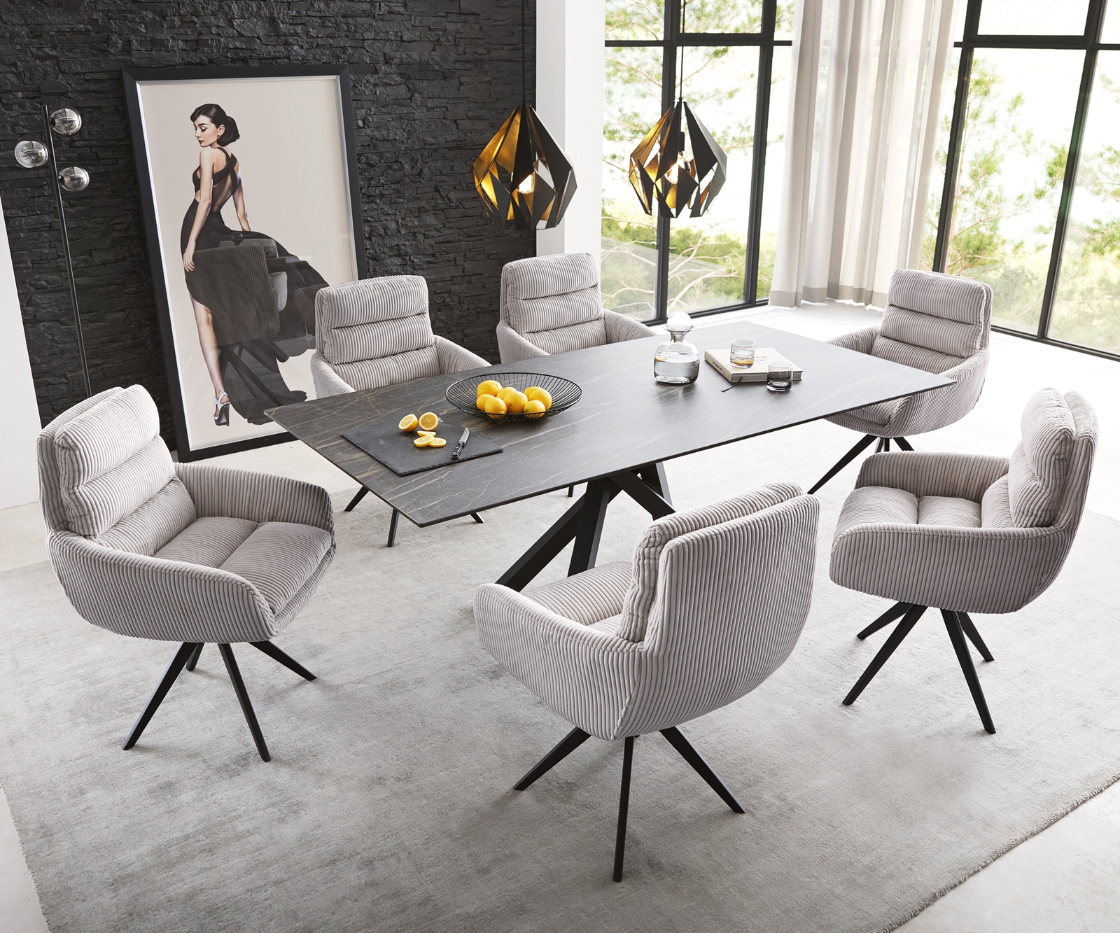 Esszimmerstuhl Abelia-Flex mit Armlehnen Cord Silbergrau Kreuzgestell kantig Schwarz 3 Esszimmerstuhl Abelia-Flex mit Armlehnen Cord Silbergrau Kreuzgestell kantig Schwarz 3