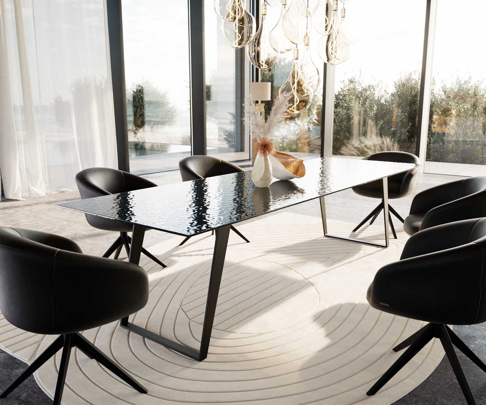 Esstisch Edge 300x100 Reliefglas Rauchschwarz 3D-Design Metall Schräg Schwarz 9