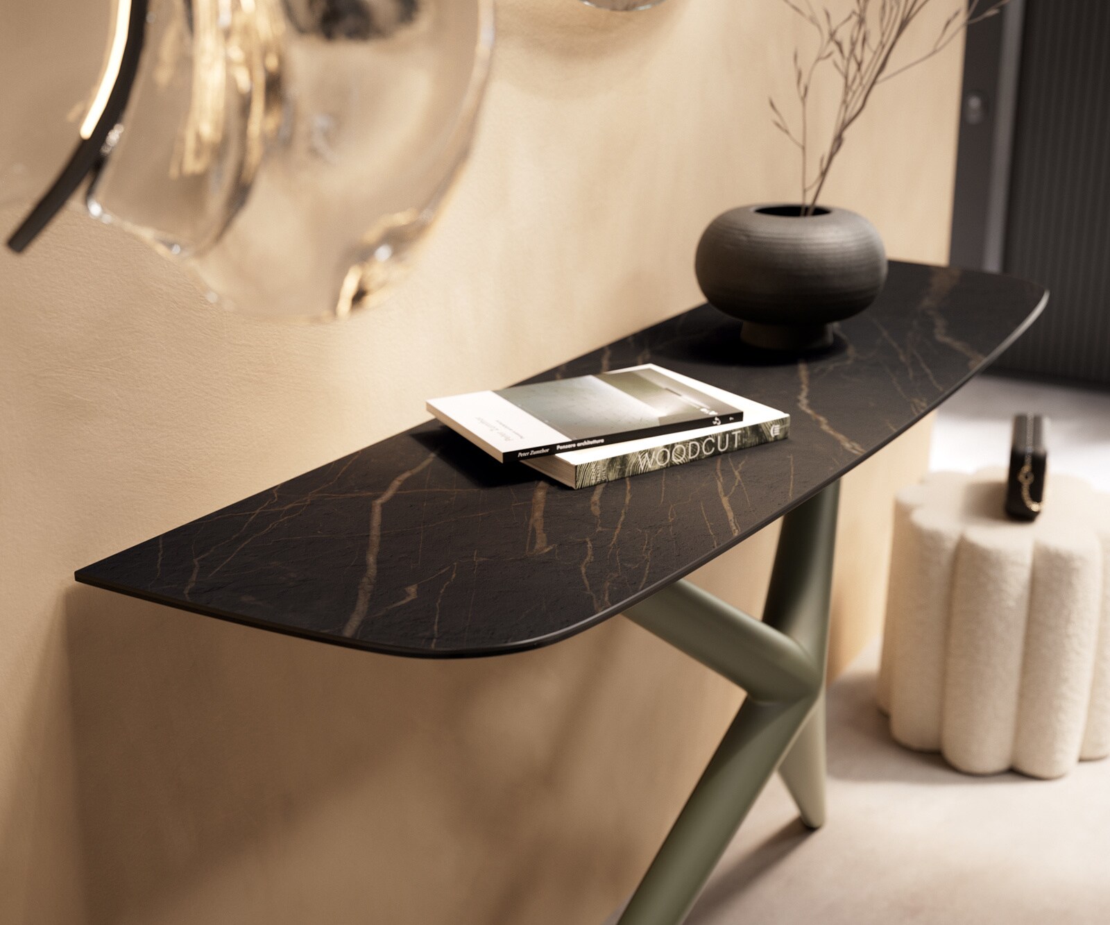 Konsolentisch Edge Boot 140x40 cm Keramik Laminam® Noir Desir Braun Estelo Metall Effektfinish Titan 6