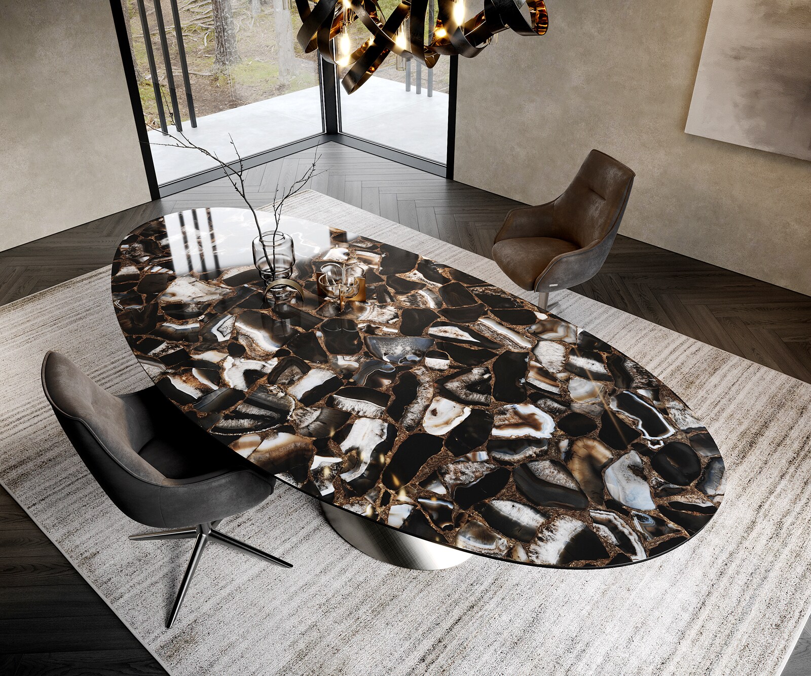 Table à manger Edge ovalee 280x130 céramique Iris FMG Agatablack Cono métallique argent 1
