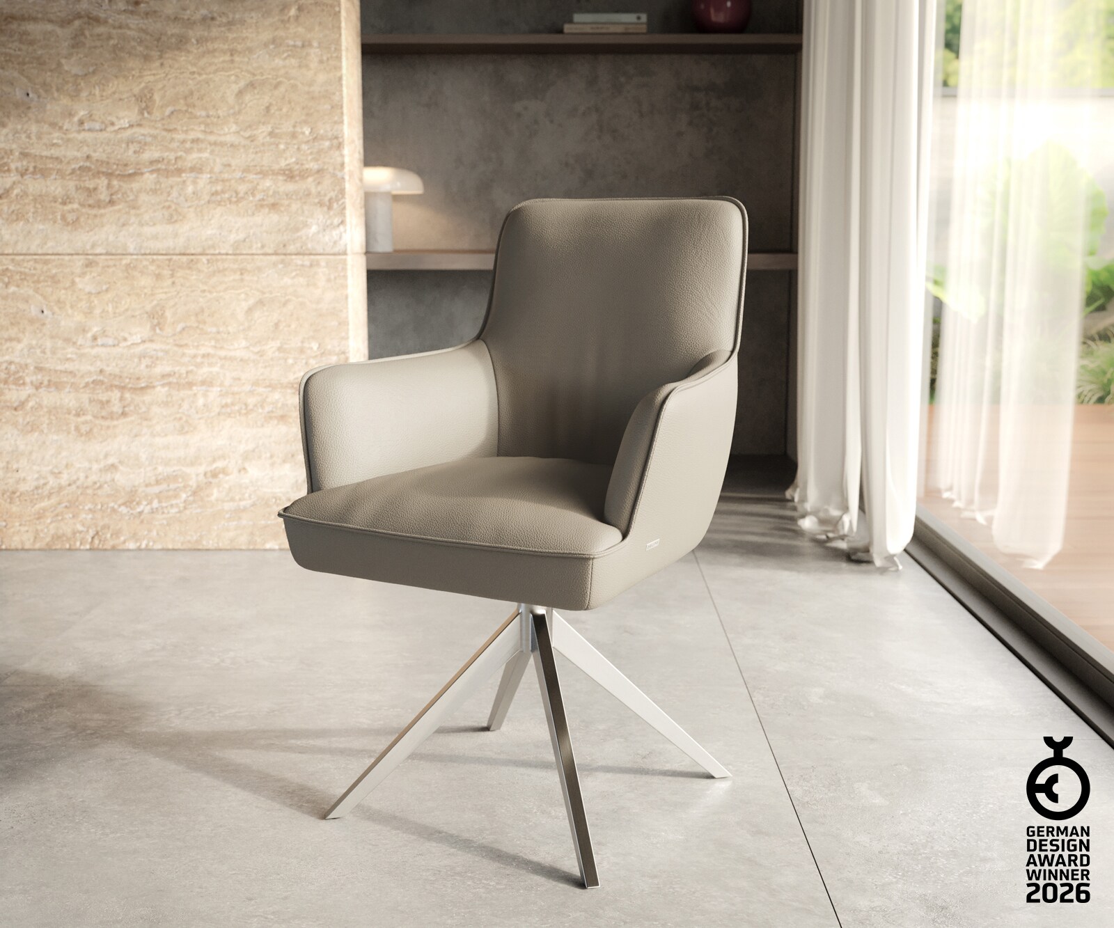 Chaise-pivotante Heira-Flex avec accoudoirs cuir de vache couleur boue pied croisé large acier inoxydable brossé pivotement sur 360° ressorts ensachés