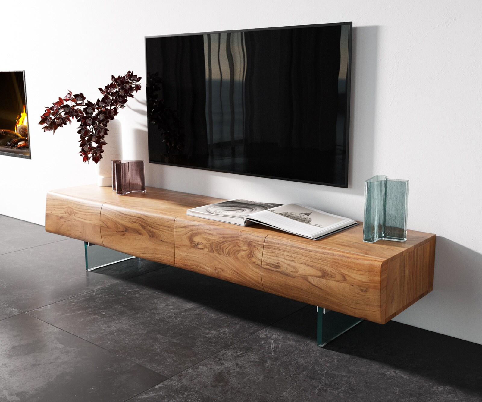 Lowboard New Live-Edge 175 cm Akazie Natur 4 Türen Glasfuß