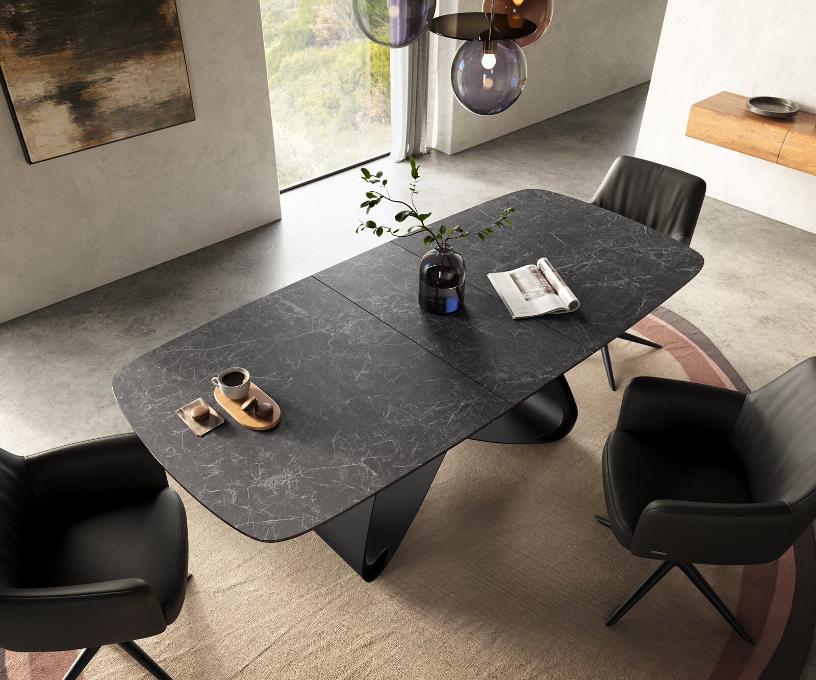 Esstisch Edge Boot 180-220x100 cm Keramik Laminam® Nero Greco Anthrazit W-Gestell Metall Schwarz ausziehbar 3
