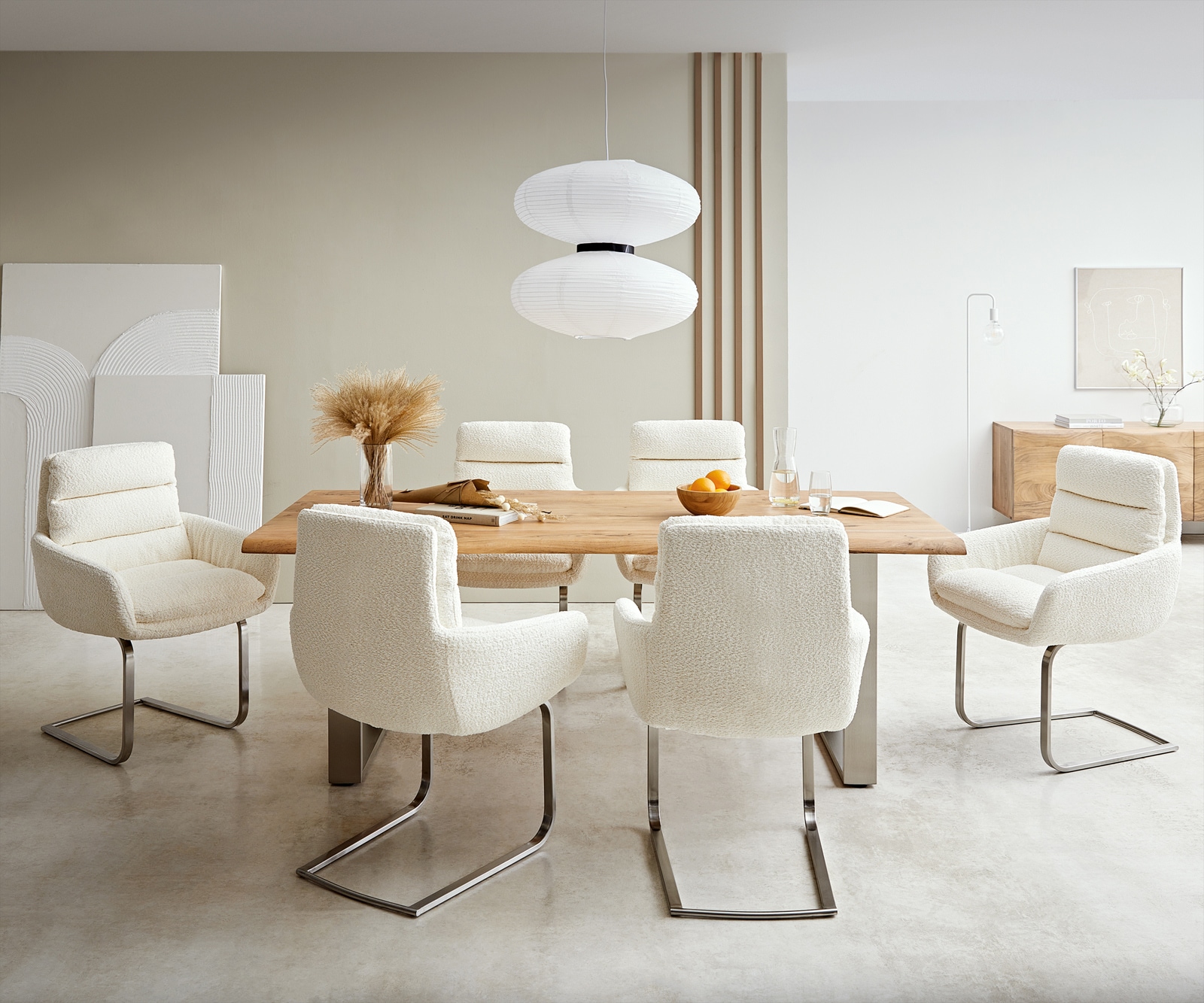 Freischwinger Abelia-Flex mit Armlehnen Bouclé Weiß Freischwinger flach Edelstahl 4 Freischwinger Abelia-Flex mit Armlehnen Bouclé Weiß Freischwinger flach Edelstahl 4