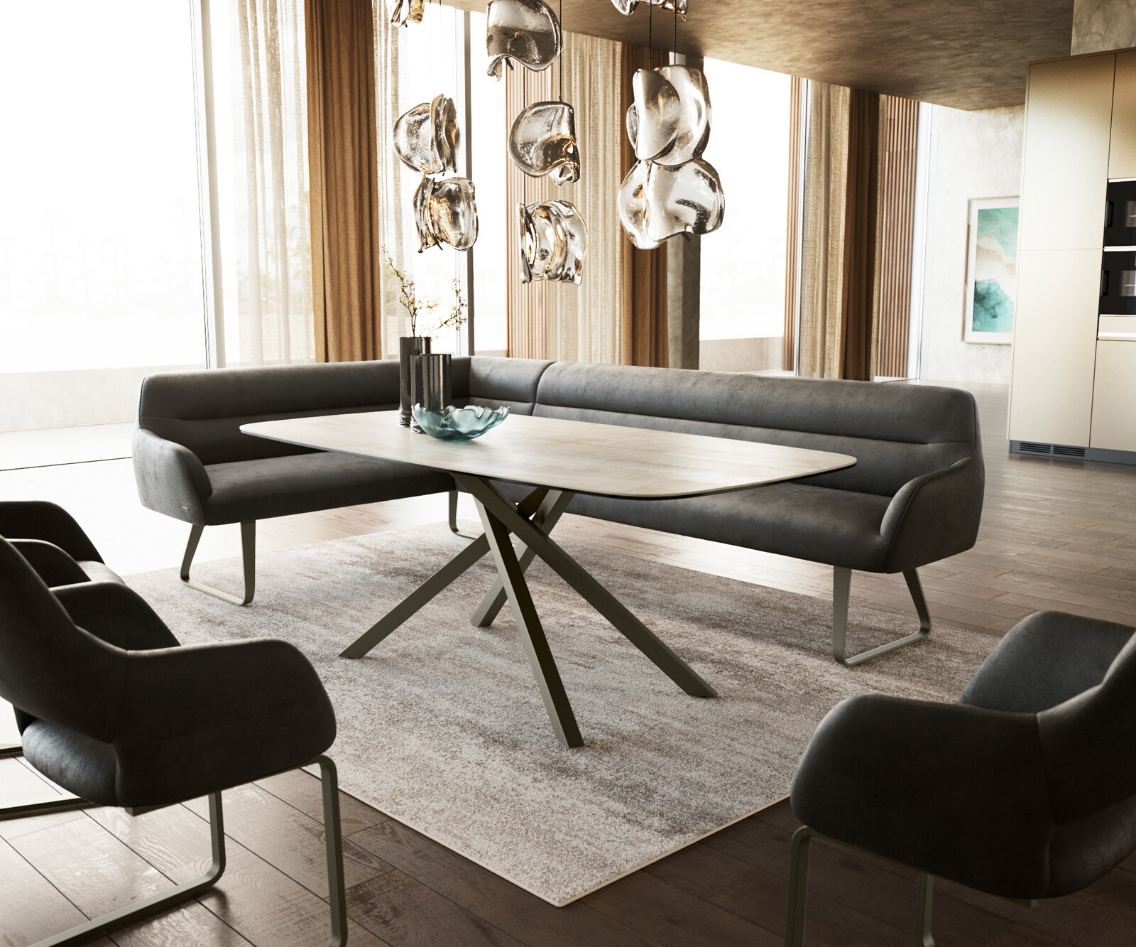 Esszimmerbank Taya-Flex 285x190 cm Mikrofaser Anthrazit Vintage Kufengestell flach Effektfinish Titan Taschenfederkern Rechts 1