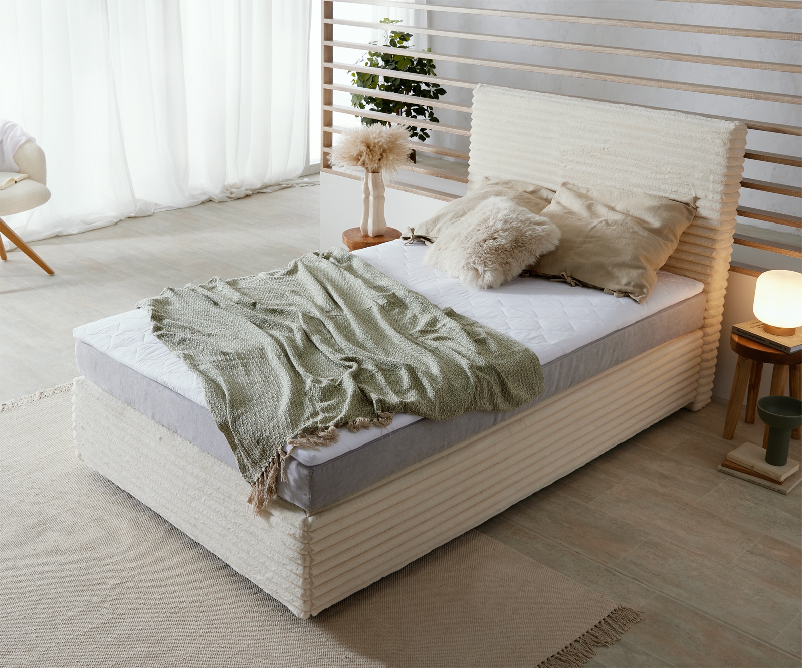 Boxspringbett Dream-Well Plüsch-Cord Beige 120x200 cm Bonell-Matratze PU-Topper 3 Boxspringbett Dream-Well Plüsch-Cord Beige 120x200 cm Bonell-Matratze PU-Topper 3