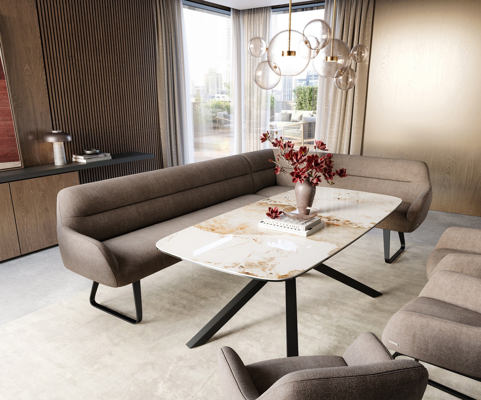 Esszimmerbank Taya-Flex 285x190 cm Strukturstoff Soft Taupe Kufengestell flach Schwarz Taschenfederkern Links