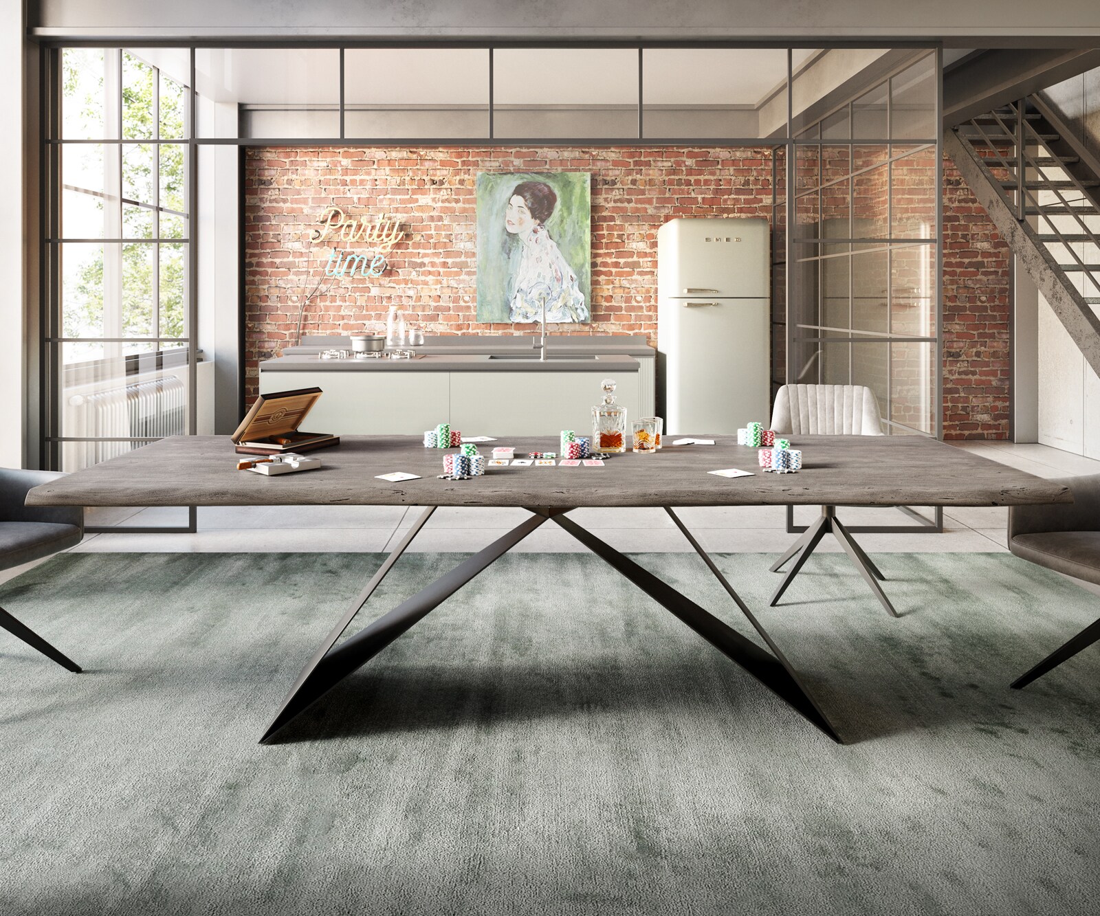 Table à manger Edge 260x100 acacia platine cadre en V acier plat noir Live-Edge 2