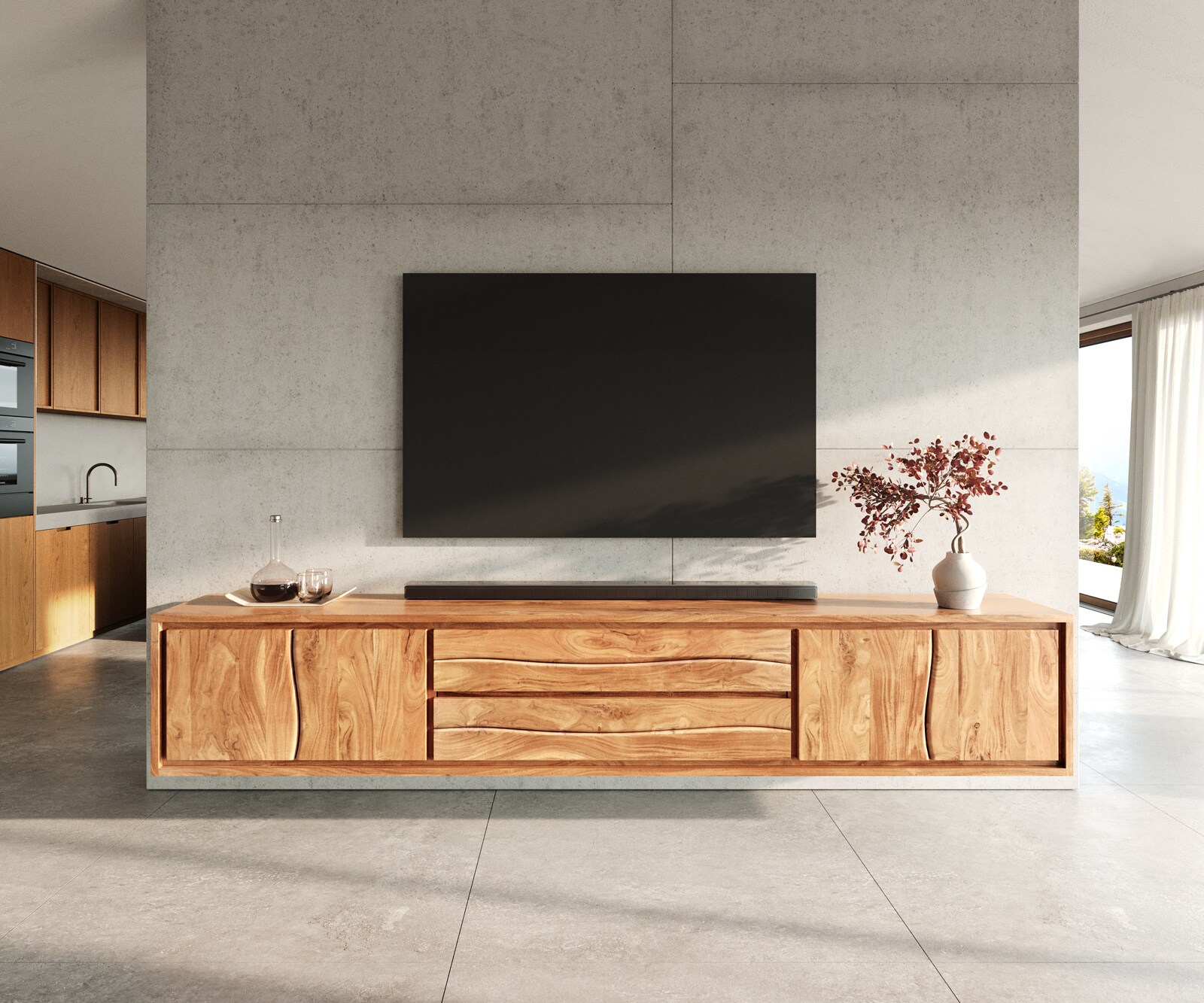 Meuble-TV Live-Edge 300 cm acacia naturel 4 portes 2 tiroirs suspendus 2