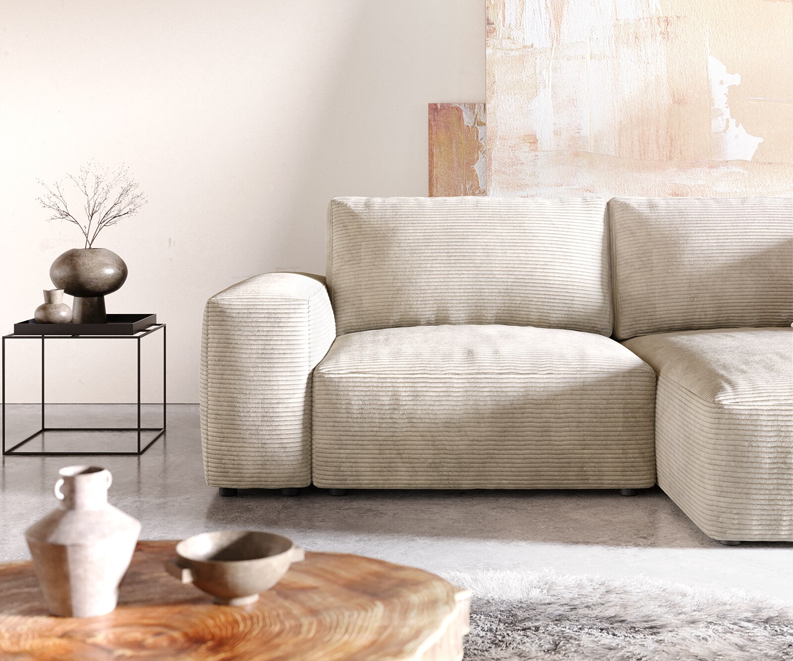 Canapé d’angle Lanzo 230x155 cm velours côtelé beige méridienne réversible 4