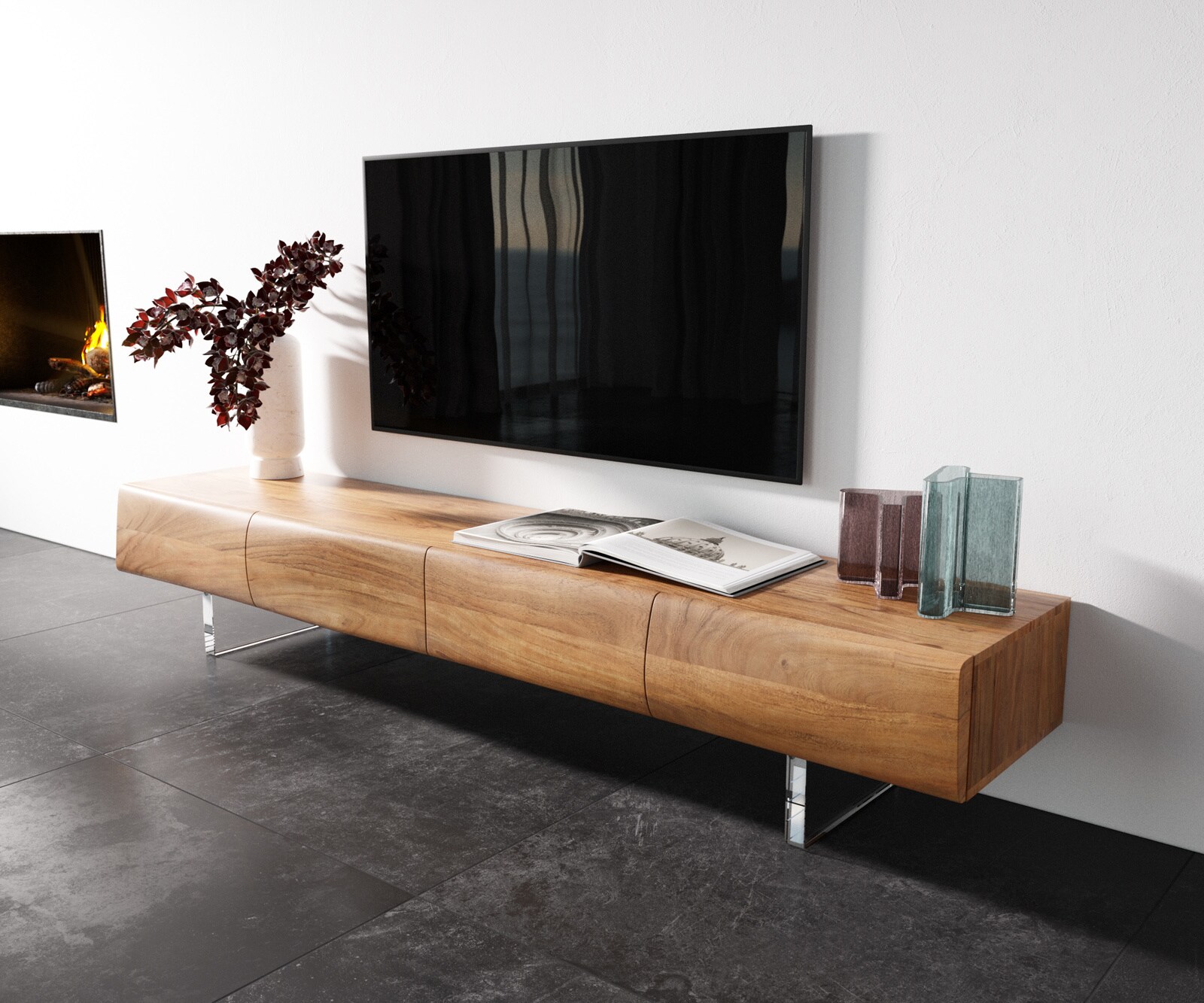Meuble TV New Live-Edge 200 cm acacia naturel 4 portes pied acrylique 1