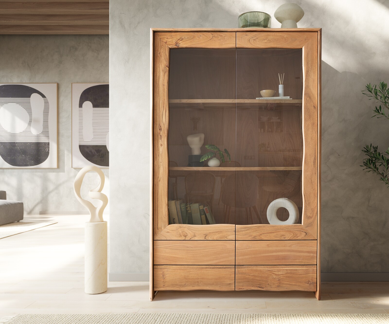 Vitrine Live-Edge 120x190 cm Akazie Natur 2 Türen 4 Schubladen Massiv 1