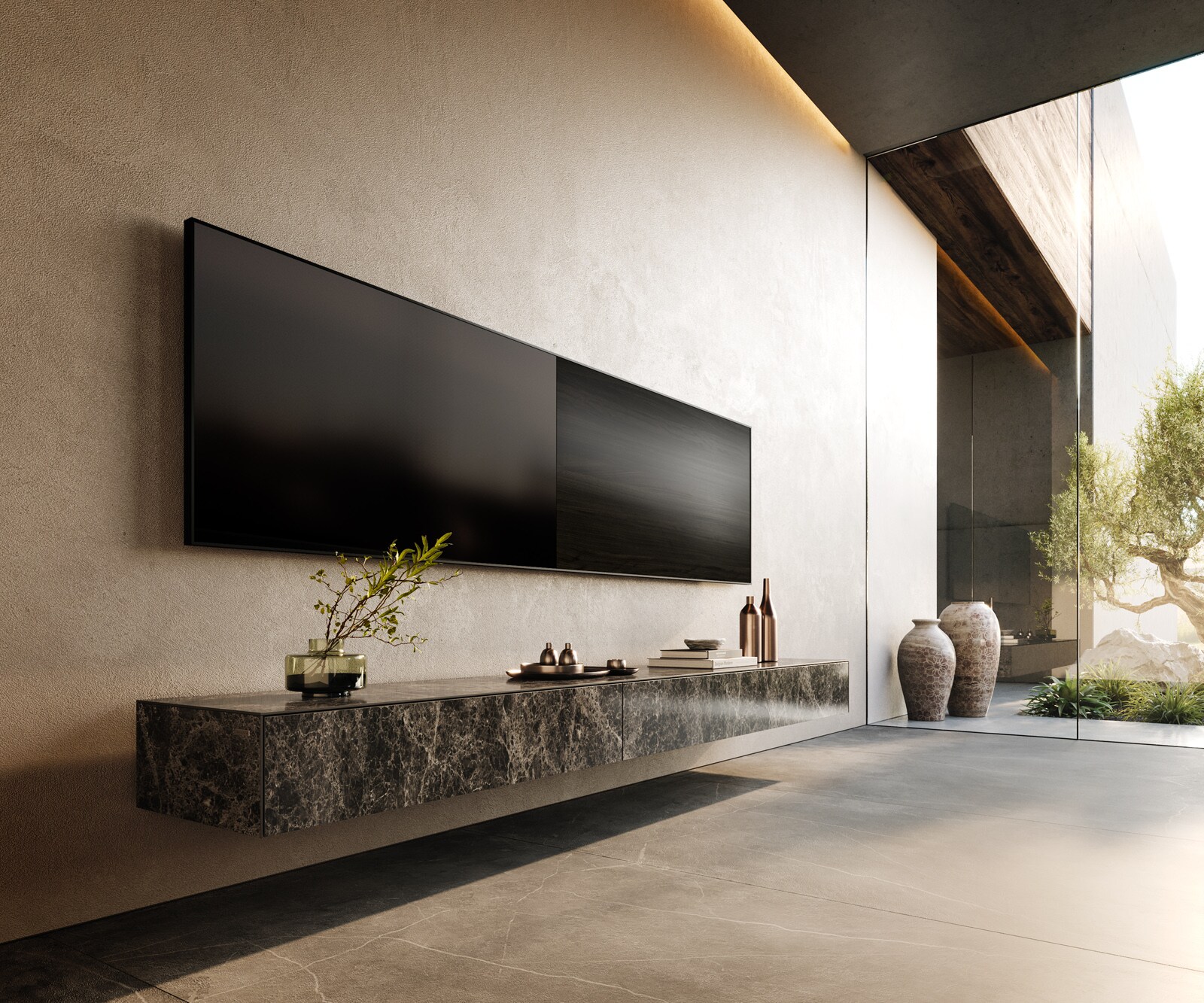 Lowboard Cuor 250 cm Keramik Laminam® Emperador Extra Lucidato Dunkelbraun 1 Klappe 1 Schubfach Schwebend
