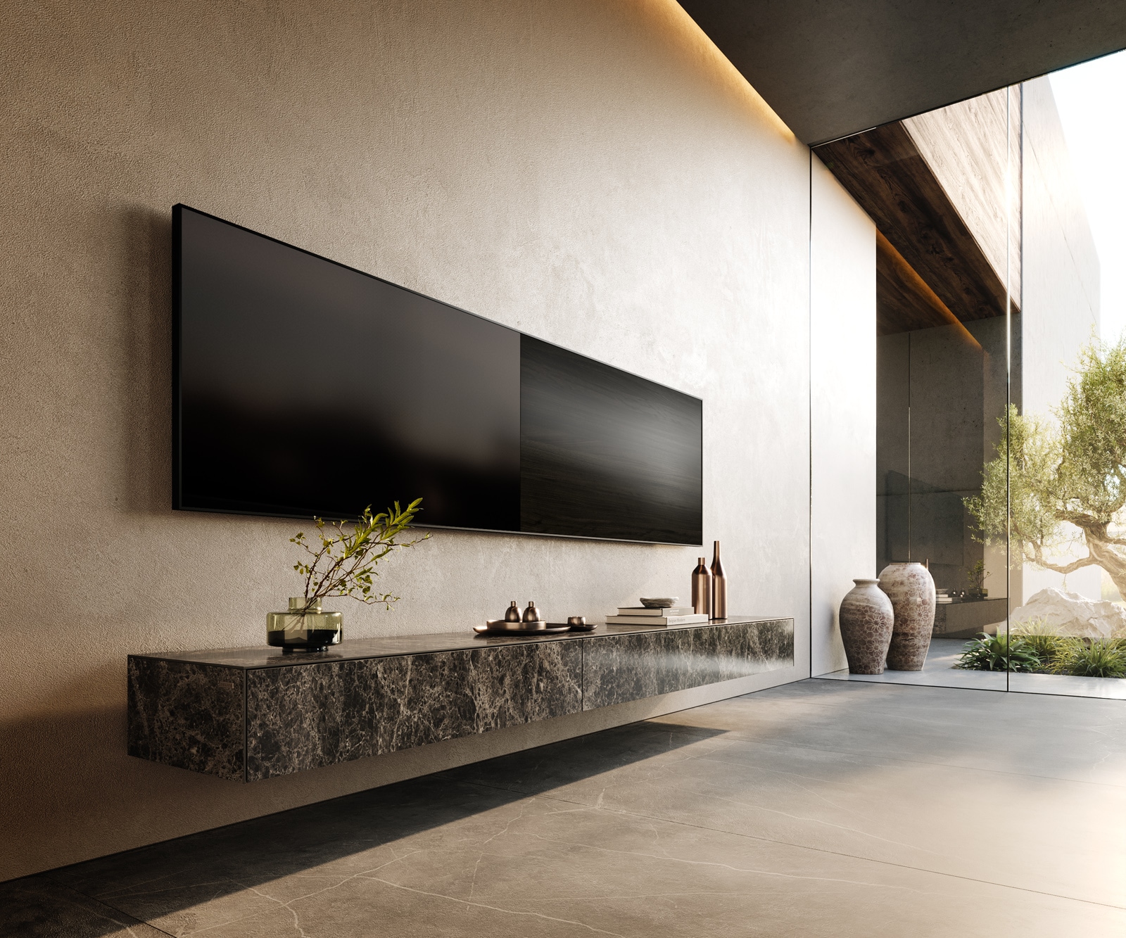 Meuble-TV Cuor 250 cm Céramique Laminam® Emperador Extra Lucidato brun foncé 1 Clapet 1 Tiroir Flottant 1