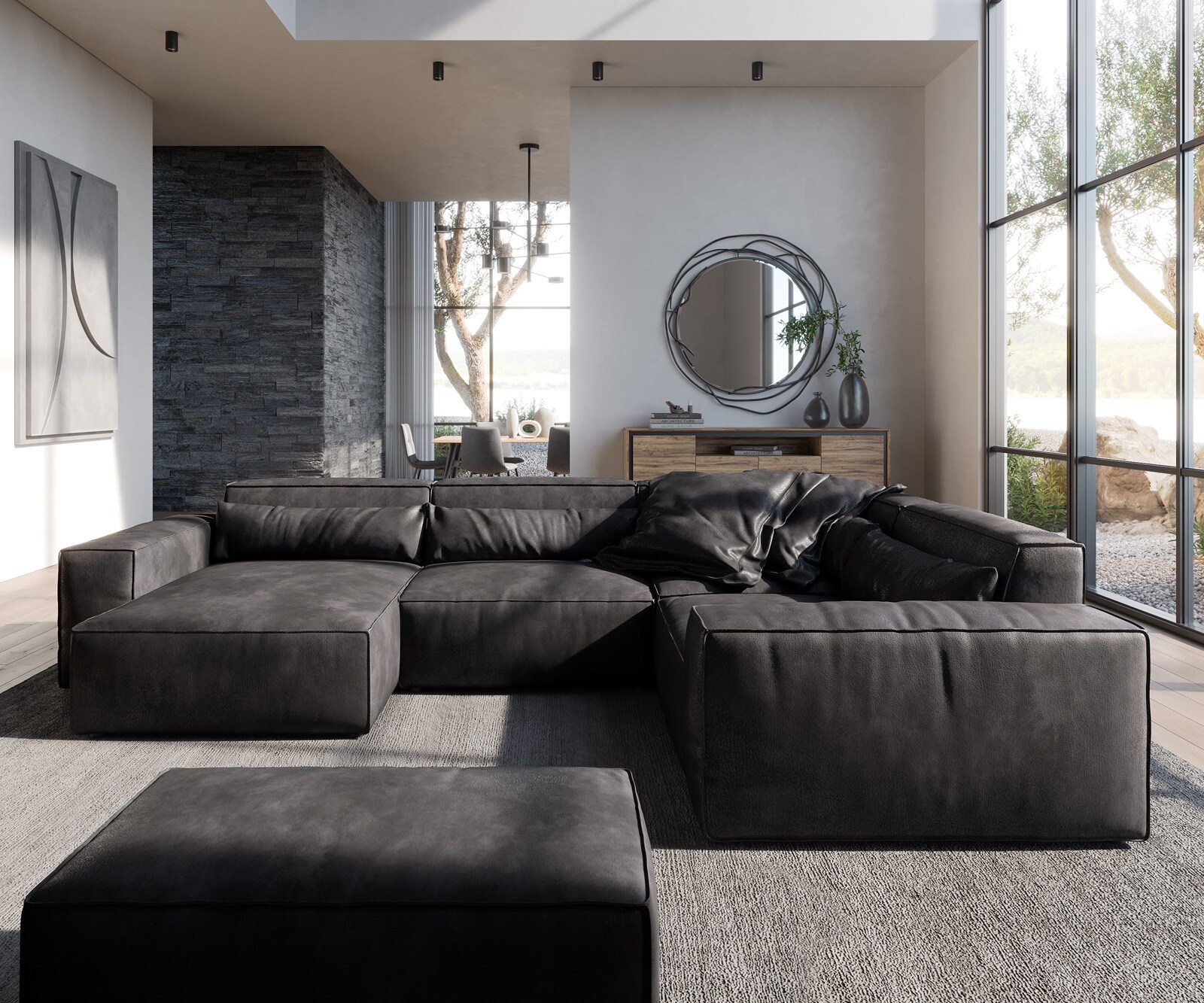 Wohnlandschaft Sirpio 300x200 cm Lederimitat Vintage Anthrazit Recamiere variabel mit Hocker 1