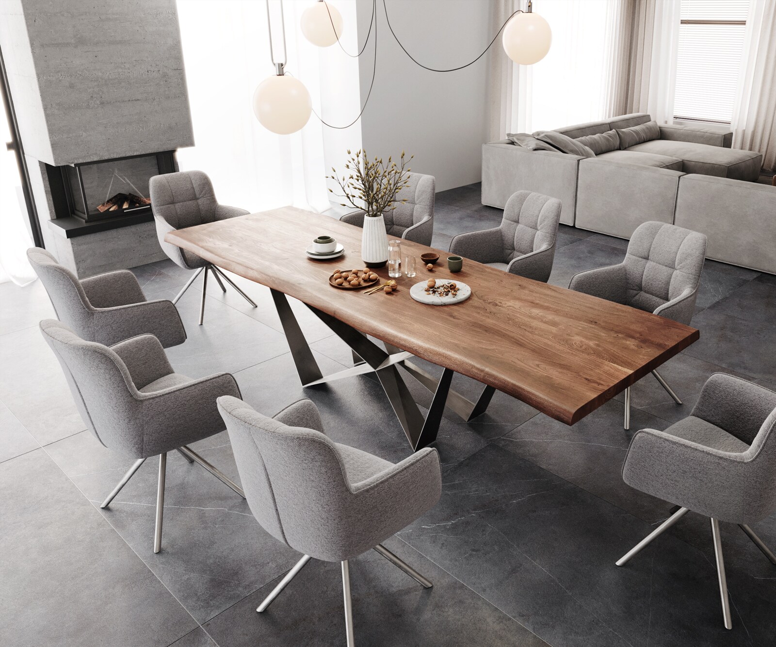 Esstisch Edge 300x100 XL Akazie Braun Spider Flachstahl Edelstahl Live-Edge 6