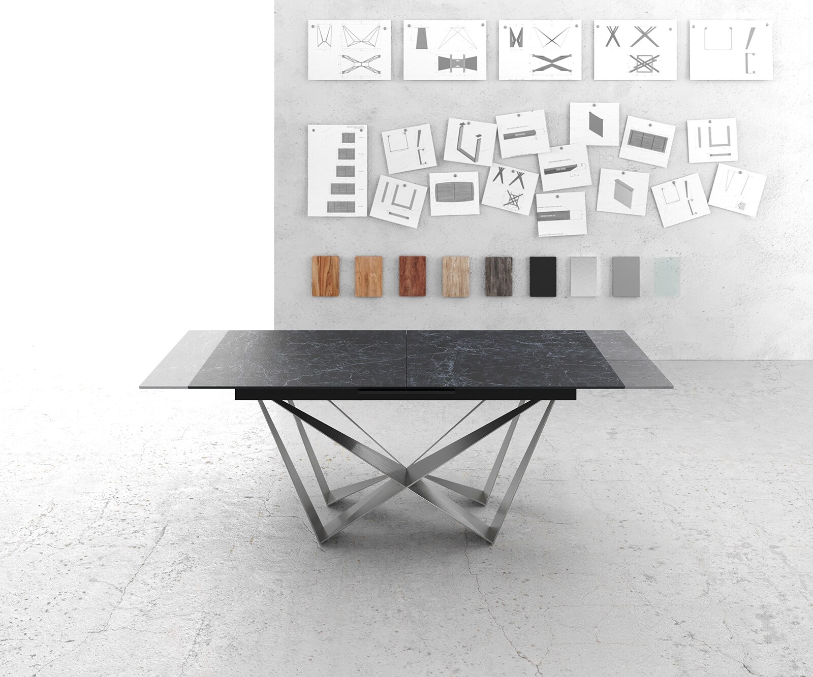 Table-à-manger Edge 180-220x90cm Laminam® céramique gris pieds milieu acier plat argent 5