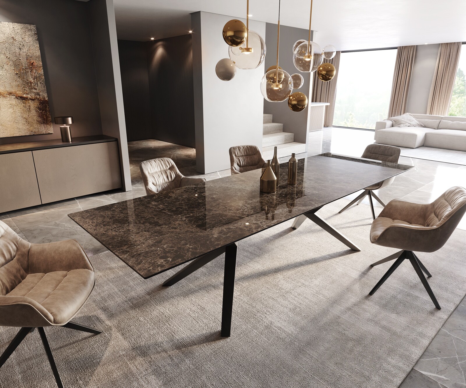 Esstisch Edge 300x100 Keramik Emperador Extra Lucidato Dunkelbraun Zenthara kantig Metall Schwarz 1