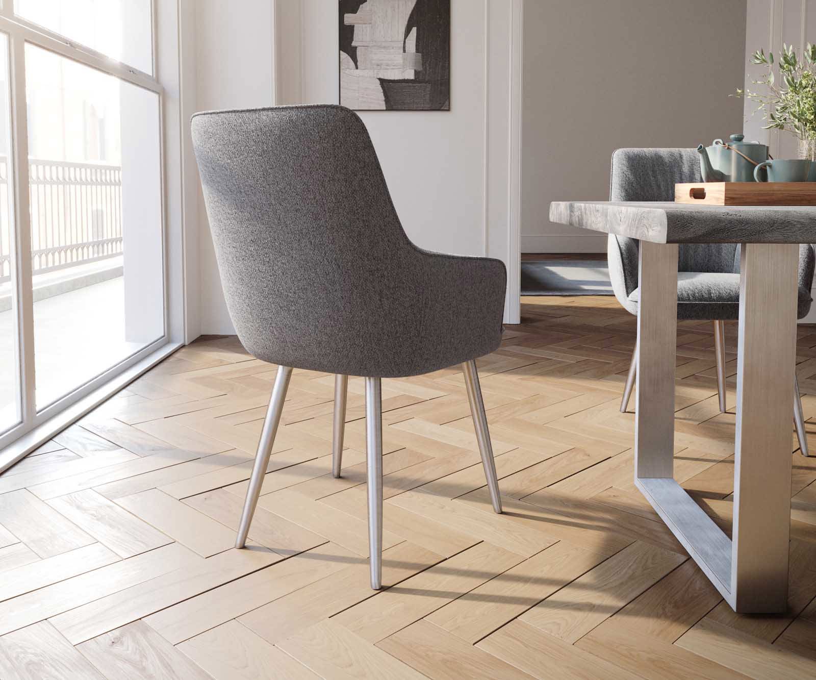 Chaise-de-salle-à-manger Zelia-Flex avec accoudoirs tissu texturé gris clair 4 pieds coniques acier inoxydable brossé ressorts ensachés 4