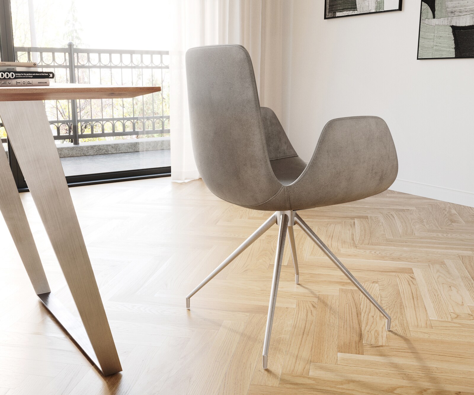 Esszimmerstuhl Ilia-Flex mit Armlehnen Samt Grau Kreuzgestell konisch Edelstahl 4 Esszimmerstuhl Ilia-Flex mit Armlehnen Samt Grau Kreuzgestell konisch Edelstahl 4