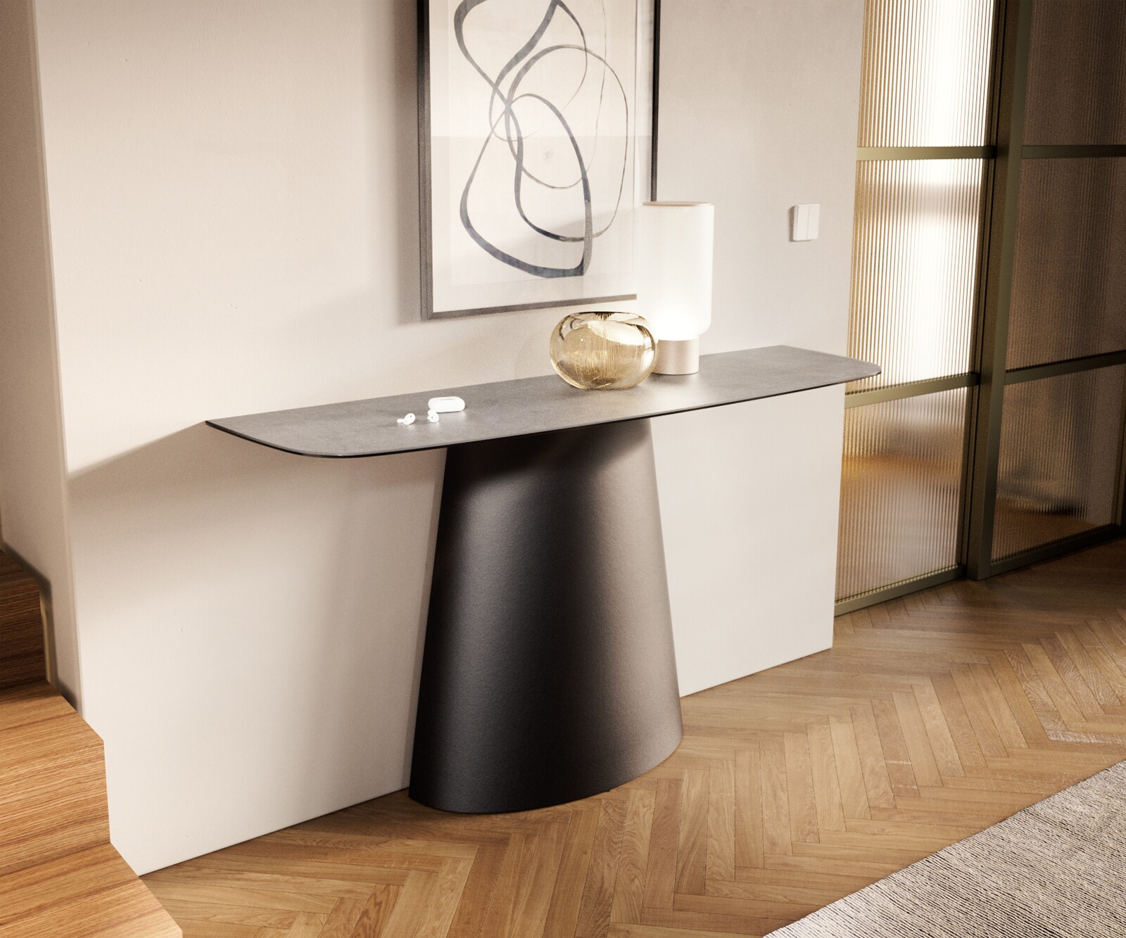Console Edge forme bateau 180x40 cm Céramique Gris béton Conos Métal Noir 5