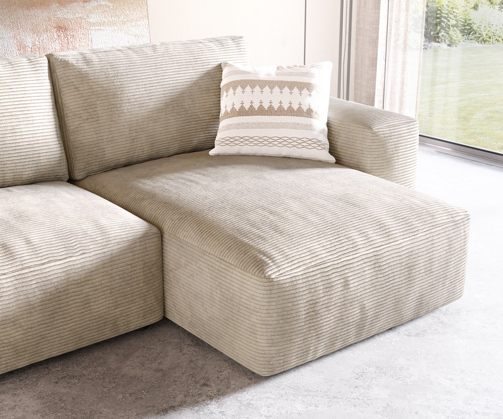 Canapé d’angle Lanzo 230x155 cm velours côtelé beige méridienne réversible avec pouf 5