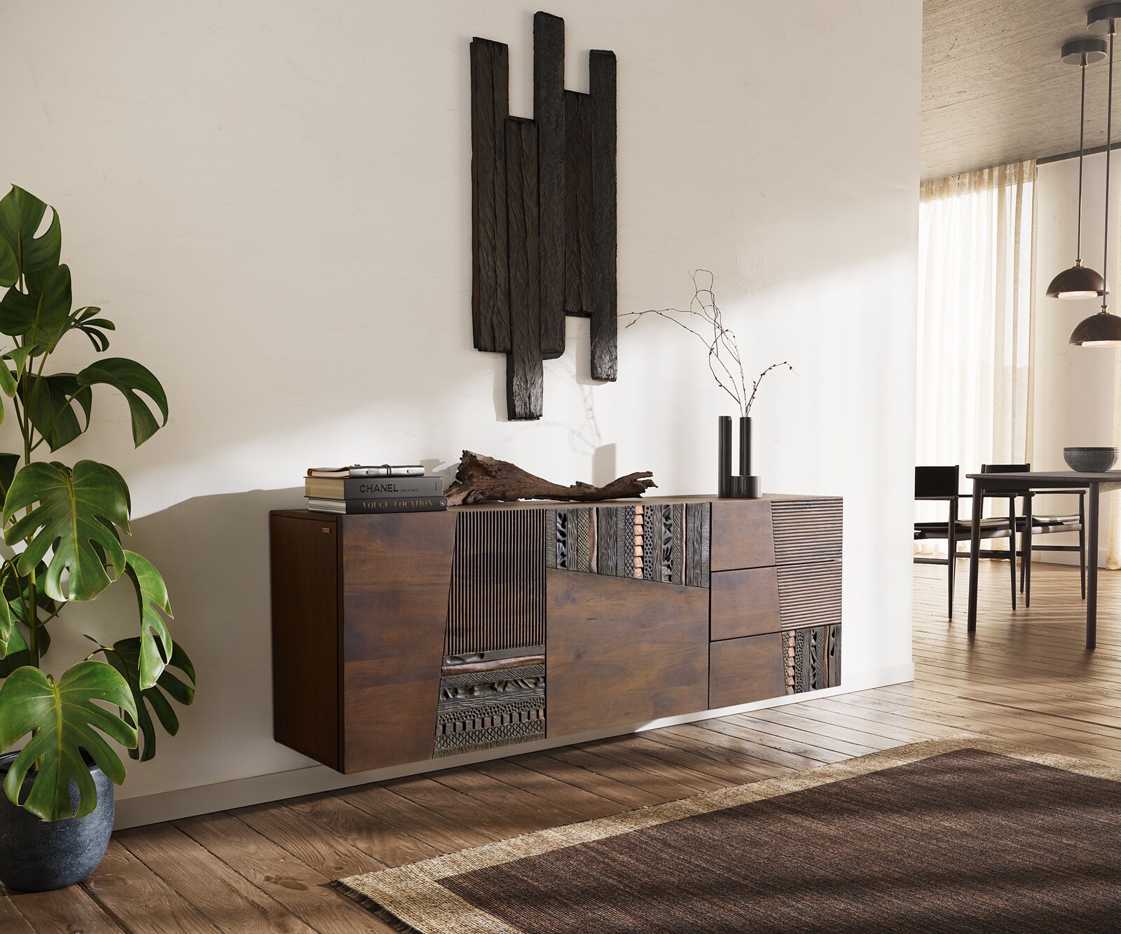 Sideboard Imara 175 cm Mango Braun 2 Türen 3 Schubladen schwebend
