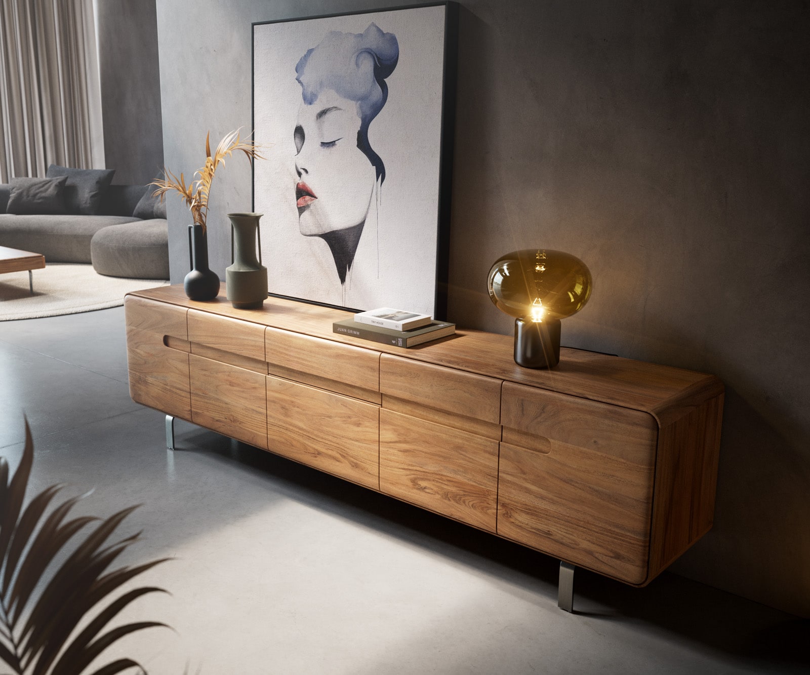 Lowboard Anaya 220 cm Akazie Natur 4 Türen 2 Schubladen L-Fuß Edelstahl 3 Lowboard Anaya 220 cm Akazie Natur 4 Türen 2 Schubladen L-Fuß Edelstahl 3