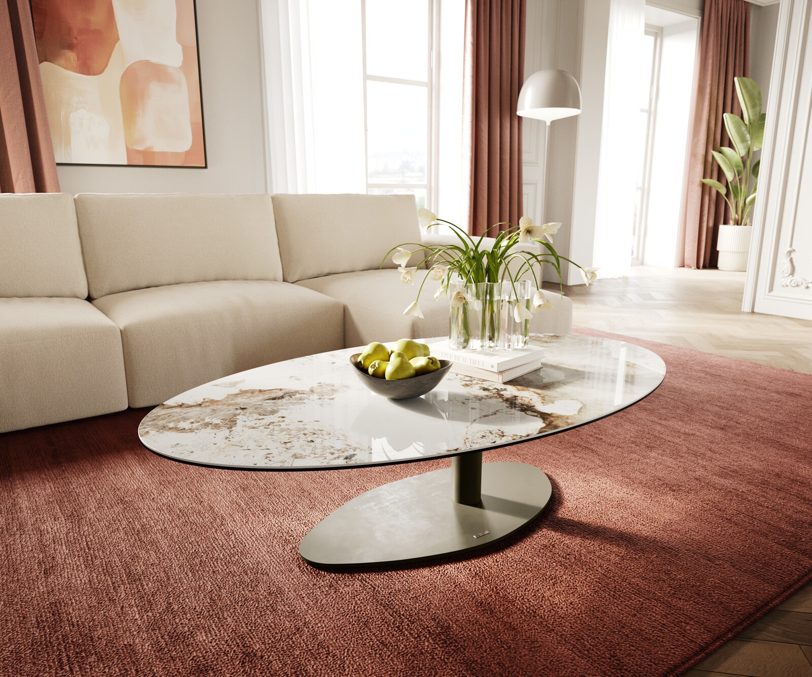 Couchtisch Edge Oval 140x80 cm Keramik Minas Melange Vibany Metall Effektfinish Titan