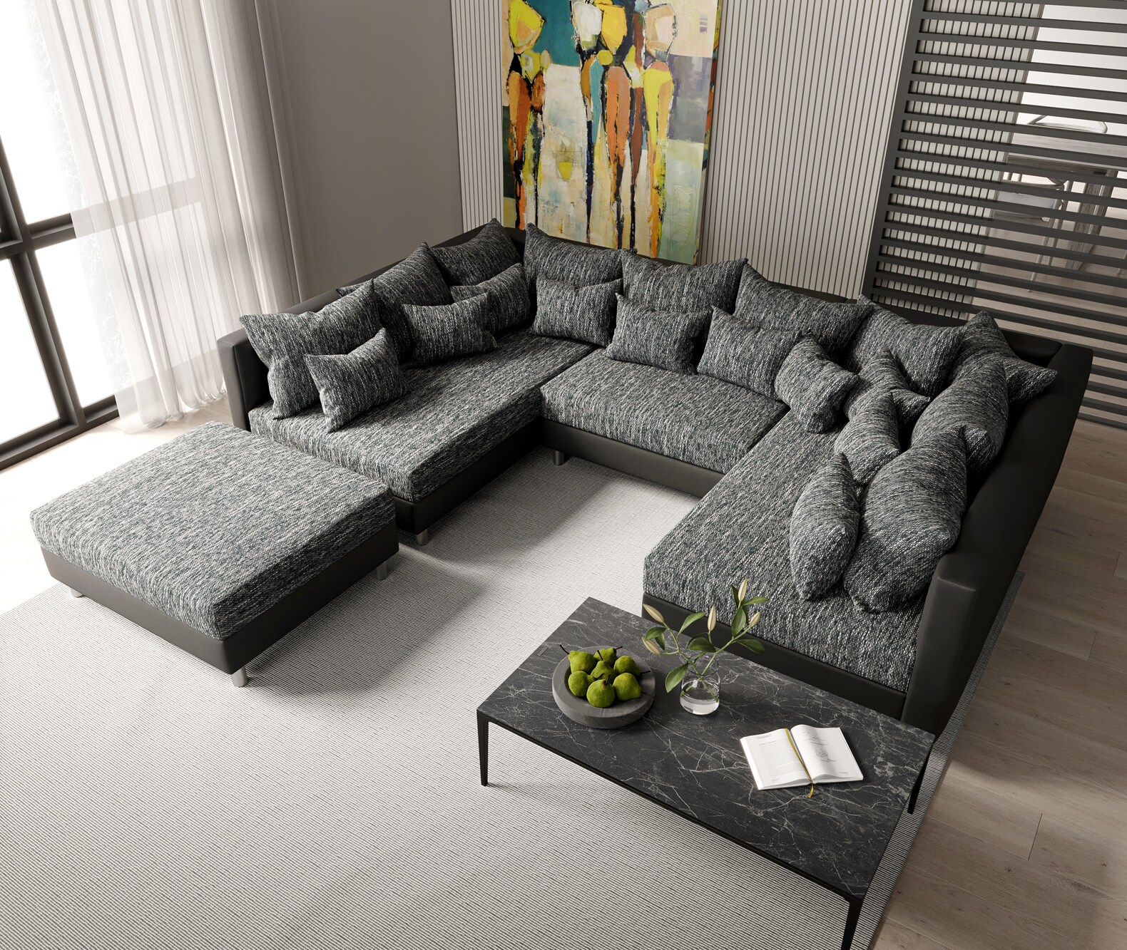 Wohnlandschaft Clovis Schwarz Modulsofa mit Hocker 4