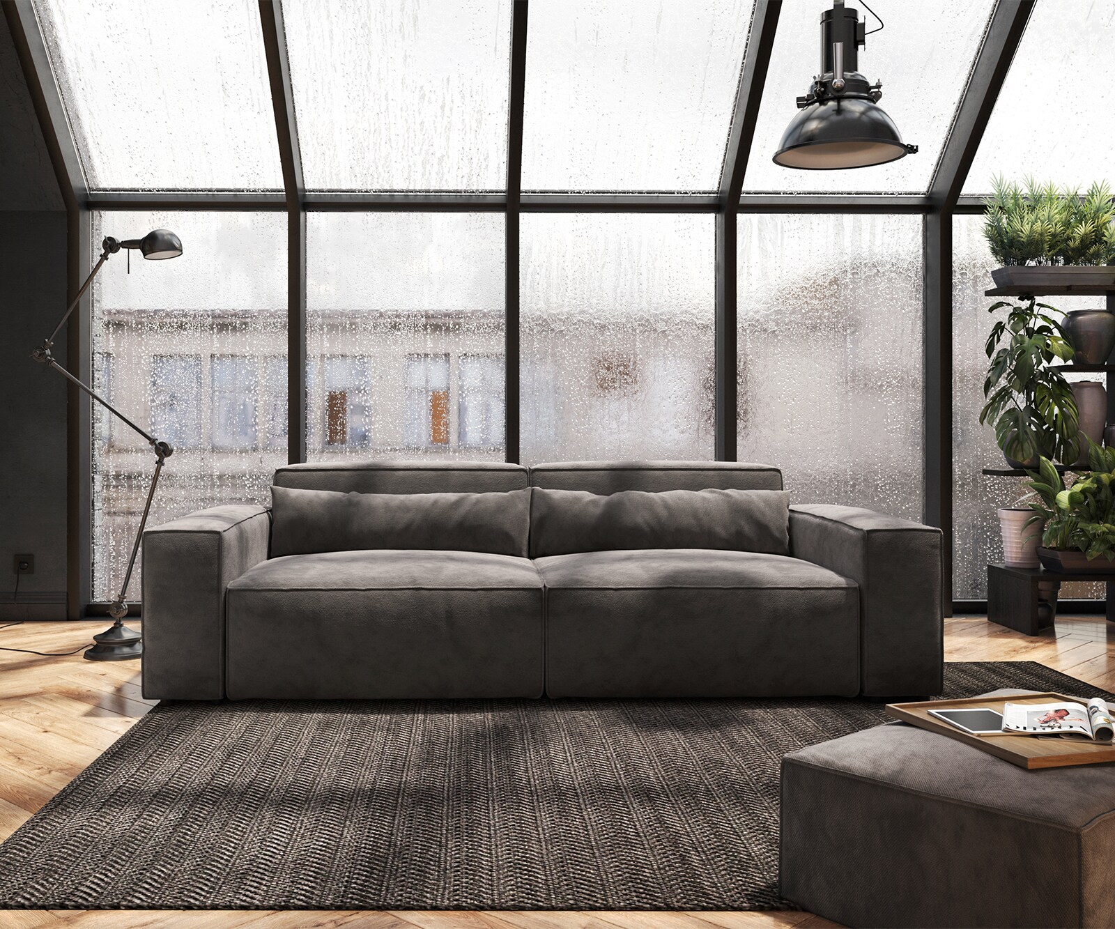 Grand Canapé Sirpio 230x95 cm Microfibre Marron Kaki avec Tabouret 2