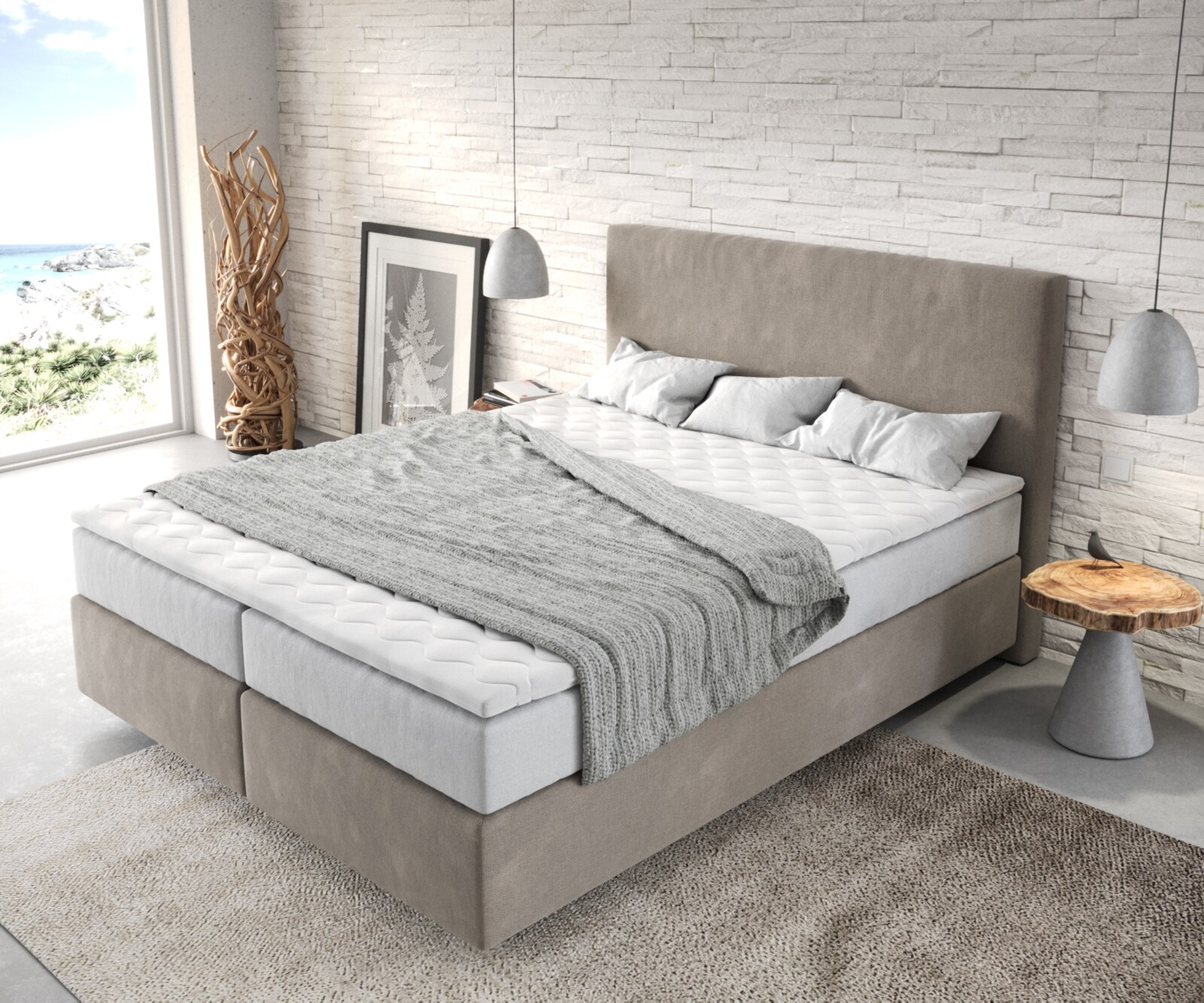 Boxspringbett Dream-Well 160x200 cm Mikrofaser Beige mit TFK Matratze und Visco Topper 4